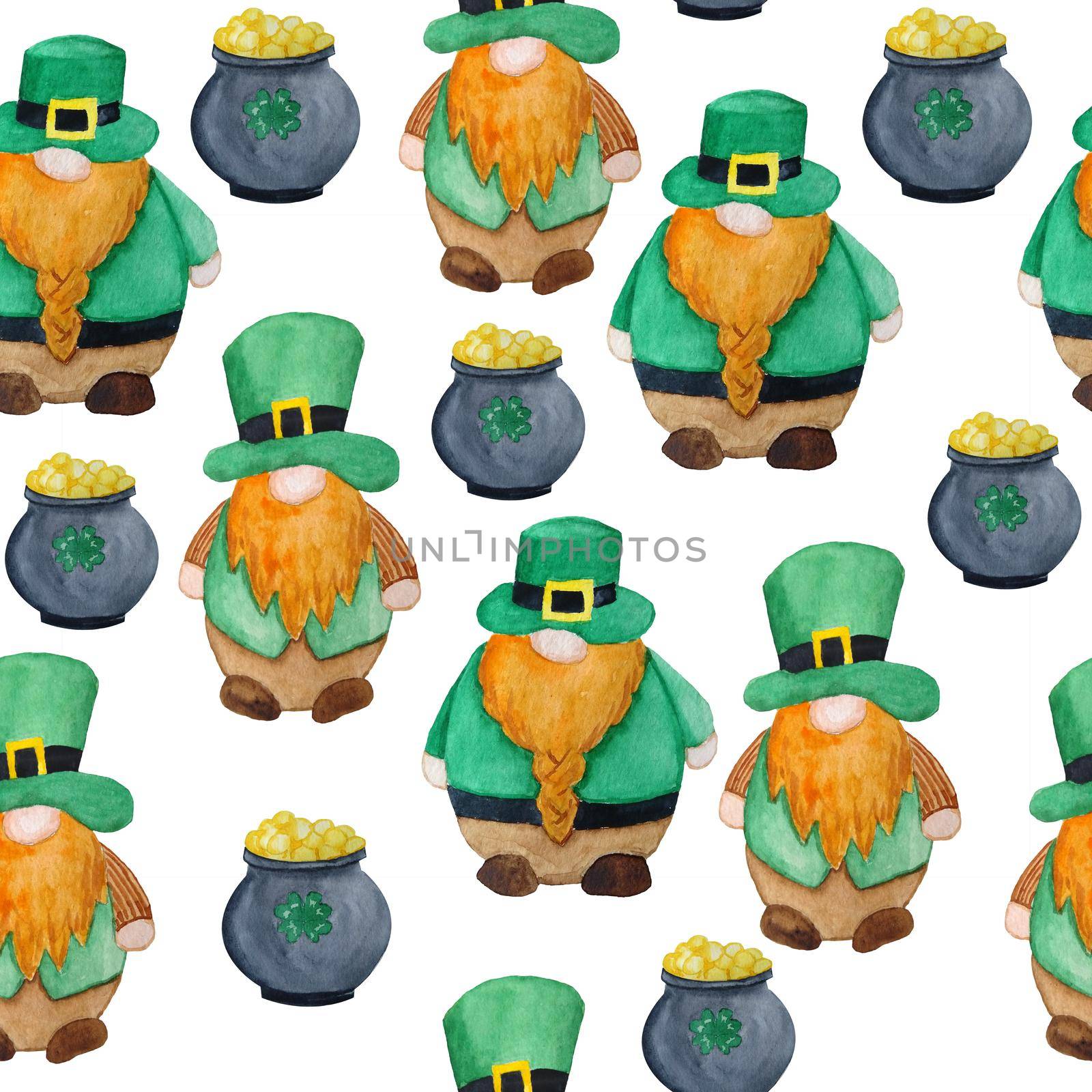 Seamless watercolor hand drawn pattern with St Patricks day parade elements Irish Ireland gnomes dwarfs leprechauns in green hats, pot of gold treasure. Lucky clover shamrock background, magic celtic tradition . by Lagmar