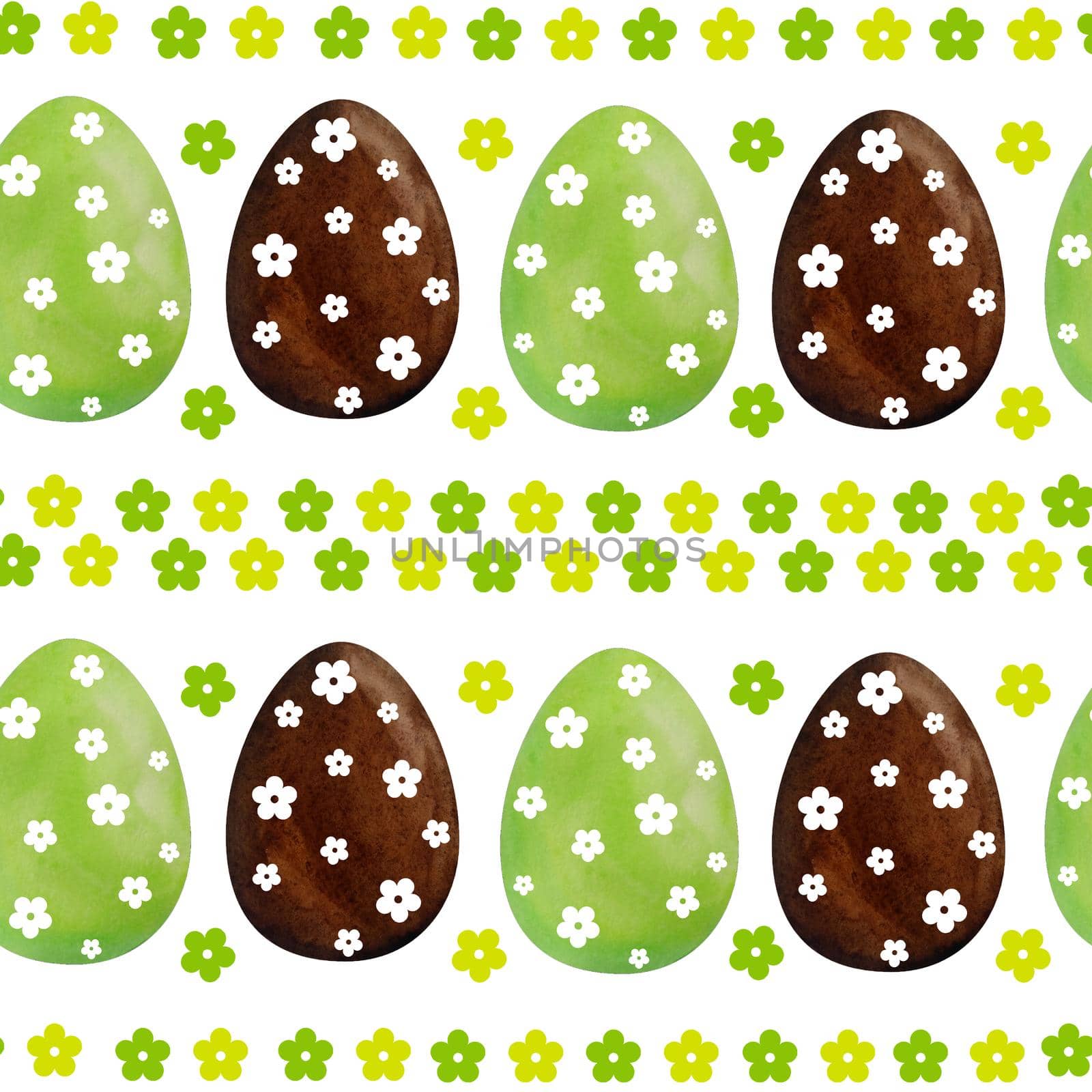 Seamless watercolor hand drawn pattern happy easter eggs of green brown chocolate color with polka dot ornament. Colored religious Christian symbols for cards invitation design celebration decoration. by Lagmar