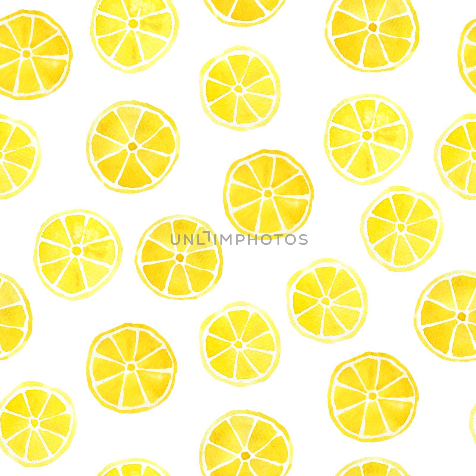 hand drawn watercolor seamless pattern yellow lemon and olive green lime citrus slices. Trendy fresh organic fruits source of vitamin C component for summer cocktails natural bright intense vibrant. by Lagmar