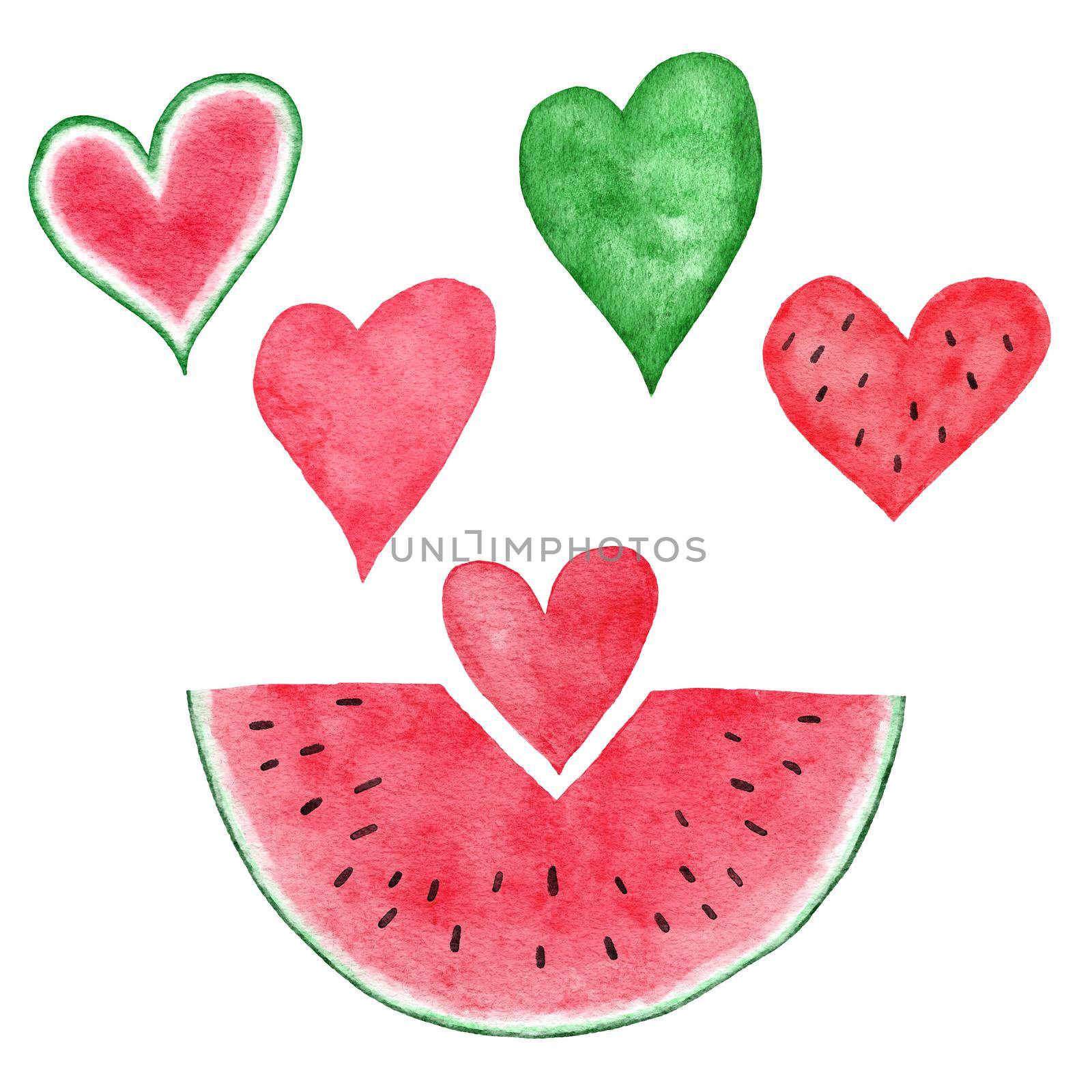 Watercolor hand drawn illustration of watermelon hearts in red and green colors, summer fruit design for party decoration vegetable background. Natural organic plants, slices, seeds elements, fresh food concept. by Lagmar