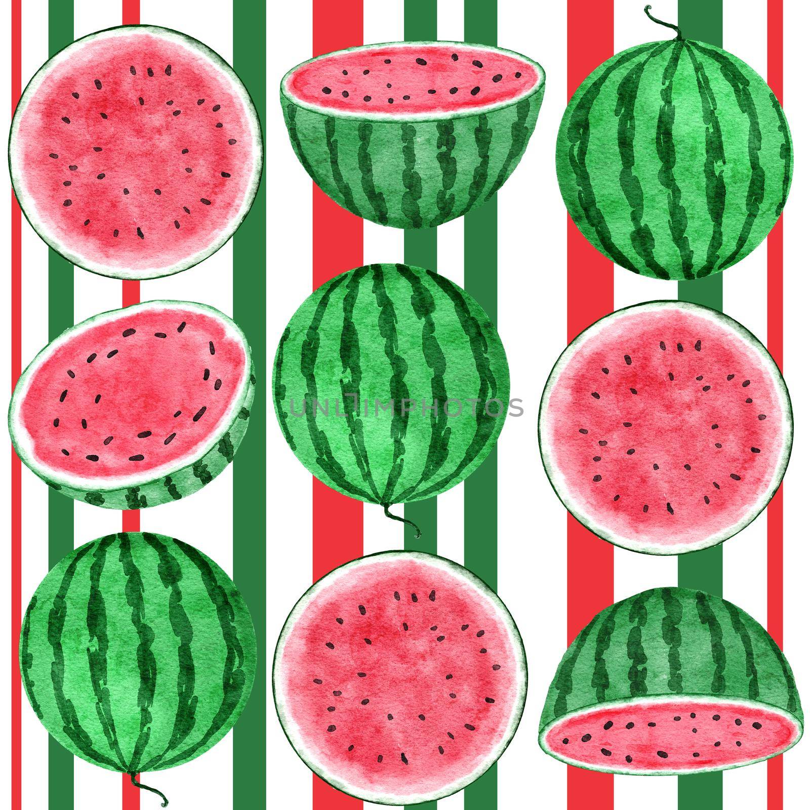 Watercolor hand drawn seamless pattern with watermelon fruit and stripes, red green tropical food, bright summer holiday background. Juicy frech natural plant design with geometric elements. by Lagmar