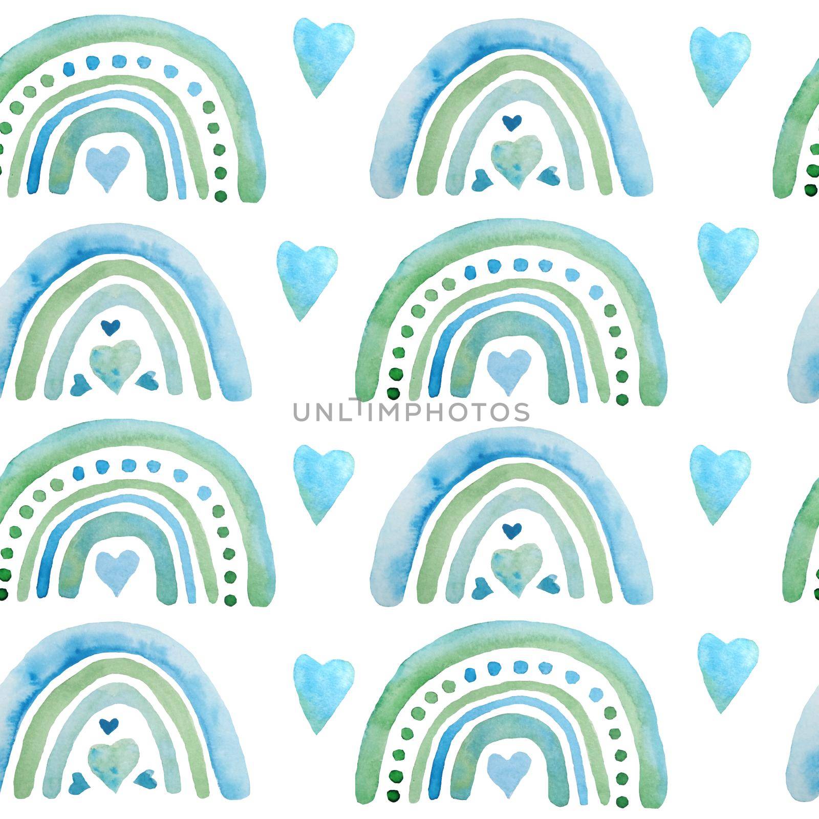 Seamless watercolor hand drawn pattern with boho rainbows green blue turquoise hearts for St Valentine Day fabric wrapping paper. Elegant design background for love celebration wedding. Modern texture