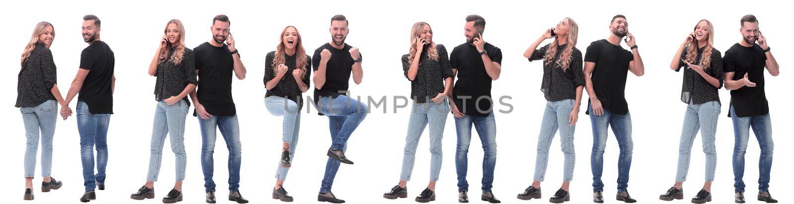 collage of photos of a couple of happy young people . isolated on a white background