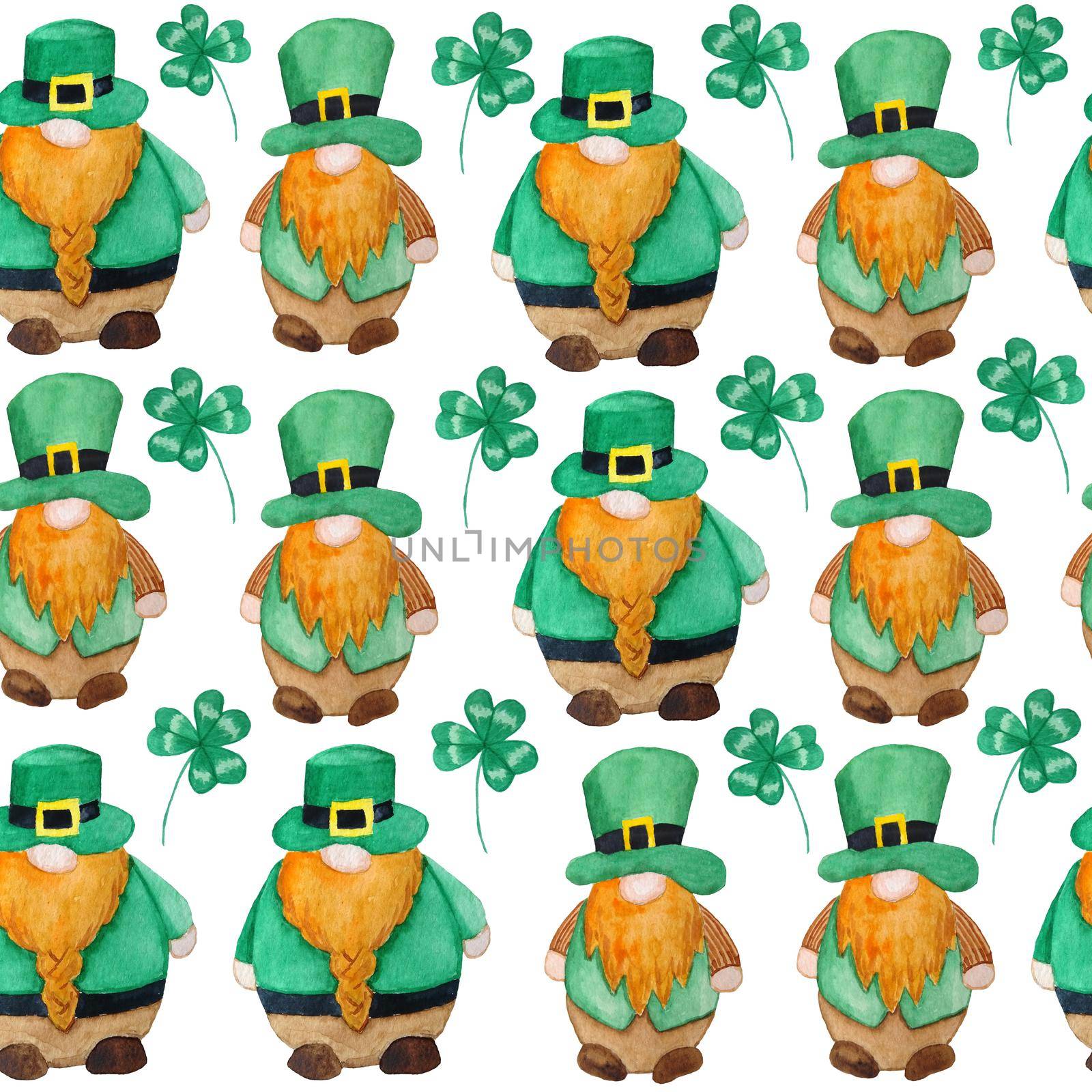 Seamless watercolor hand drawn pattern with St Patricks day parade elements, Irish Ireland gnomes dwarfs leprechauns in green hats. Lucky clover shamrock background, magic celtic culture tradition .