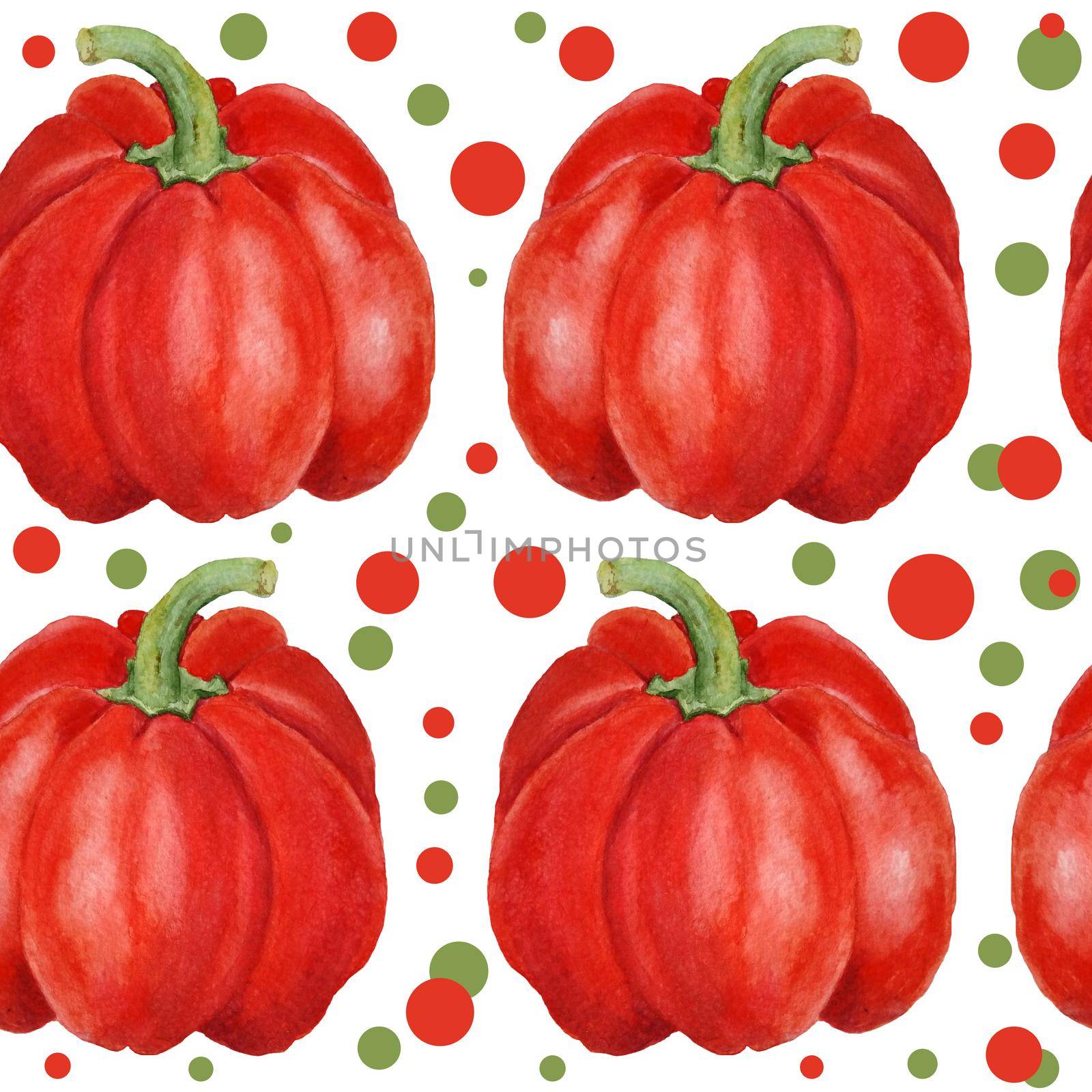 Watercolor hand drawn seamless pattern illustration of red bell pepper paprika with polka dot background. Harvest farm vegetables, organic food ingredient vegan vegetarian diet. Ripe agriculture produce for labels cafe. by Lagmar