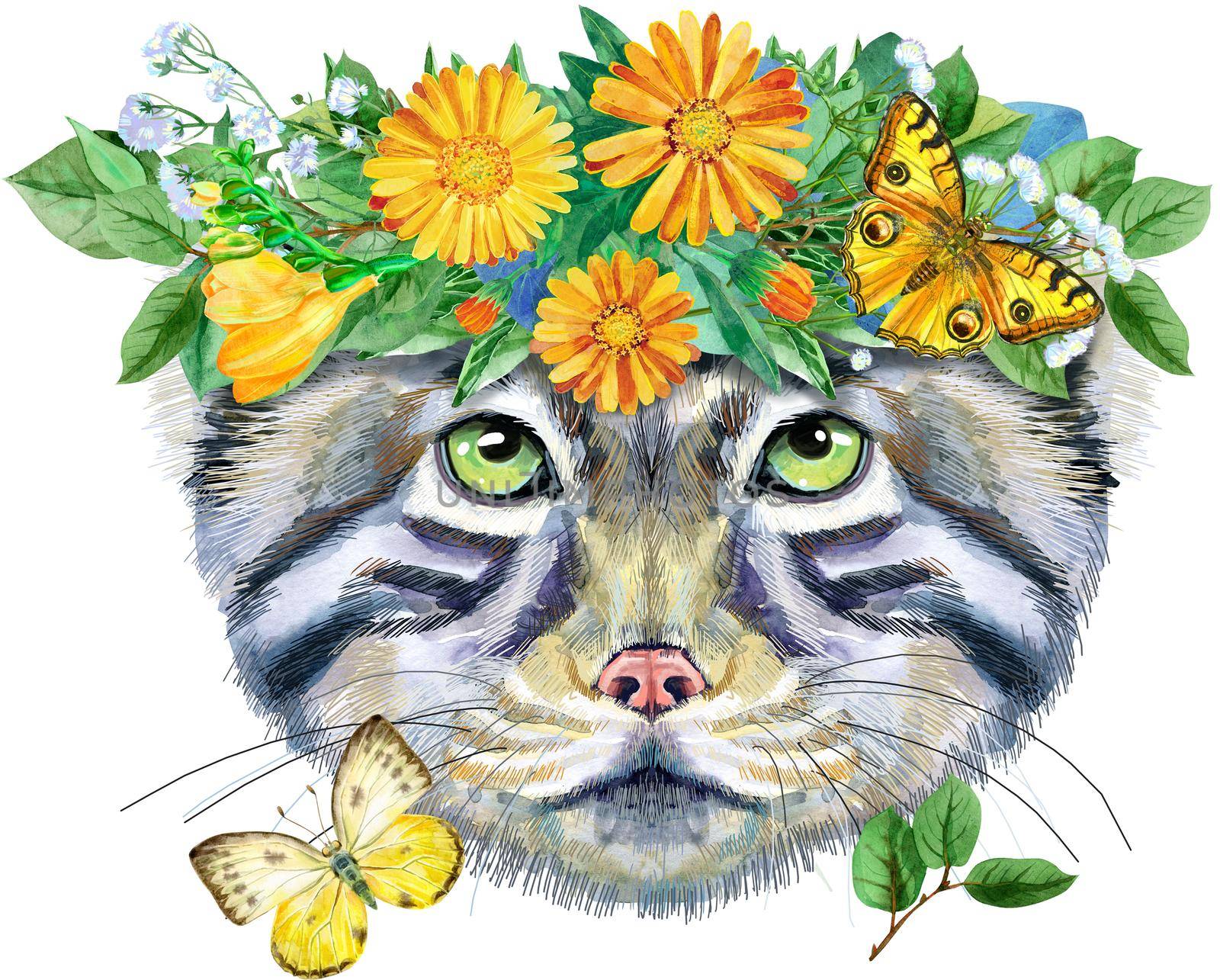 Watercolor portrait of a Manul Cat in a flower wreath on white background by NataOmsk