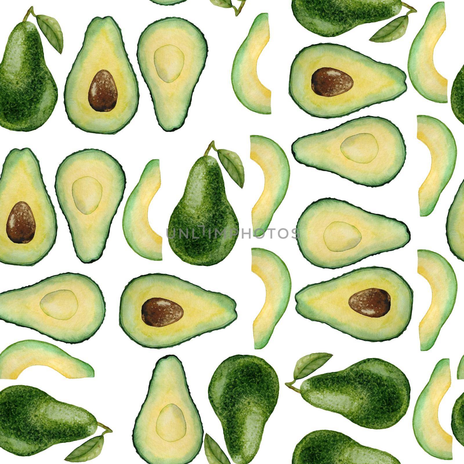 Watercolor hand drawn seamless pattern with green avocado, cut in half pieces. Healthy vegetarian food fresh guacamole, juicy summer cooking. For cafe restaurant menu kitchen textile. by Lagmar