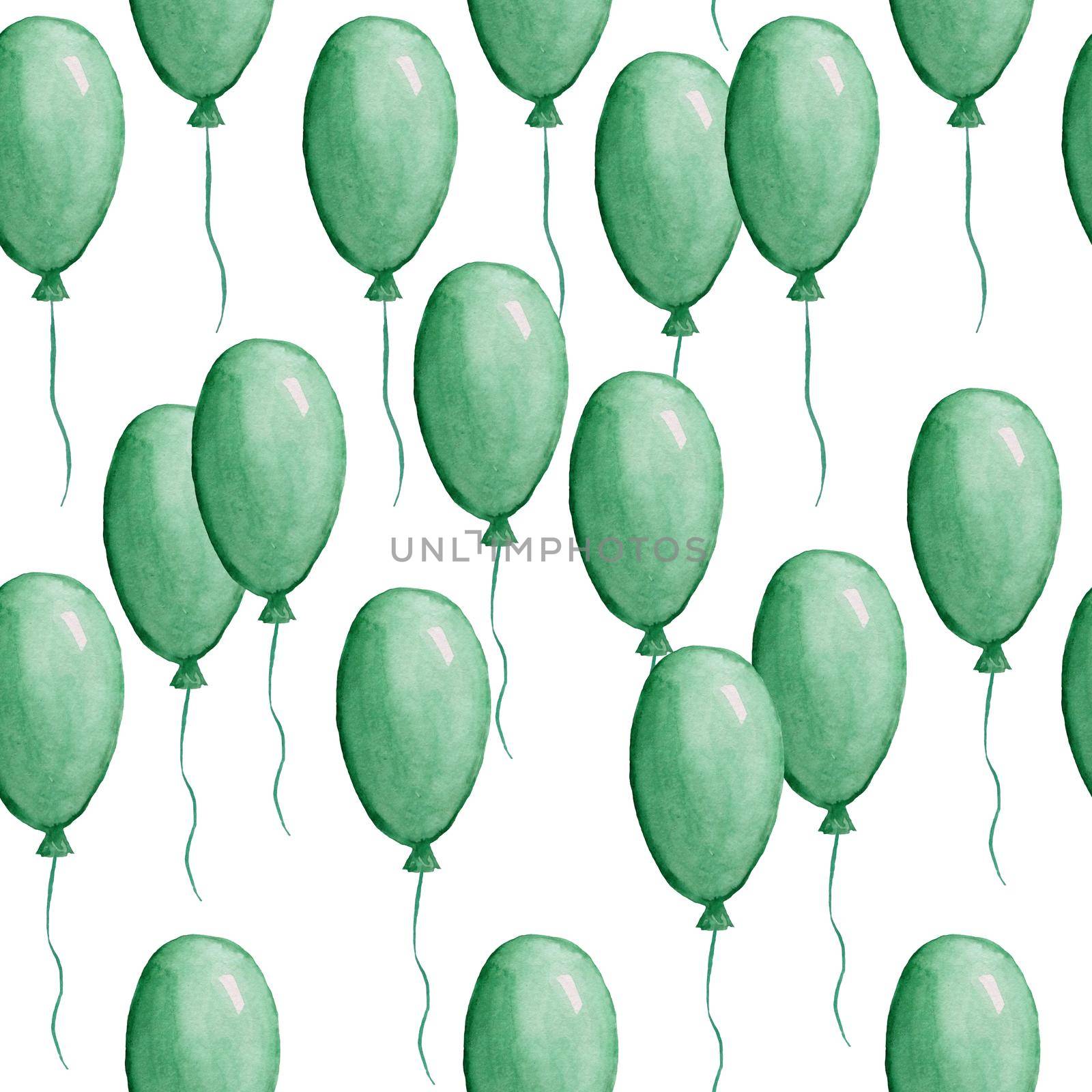 Seamless watercolor hand drawn pattern with St Patricks day elements, green air balloons floting on white background. Irish celebration tradition festival parade. Birthday party decorative design.