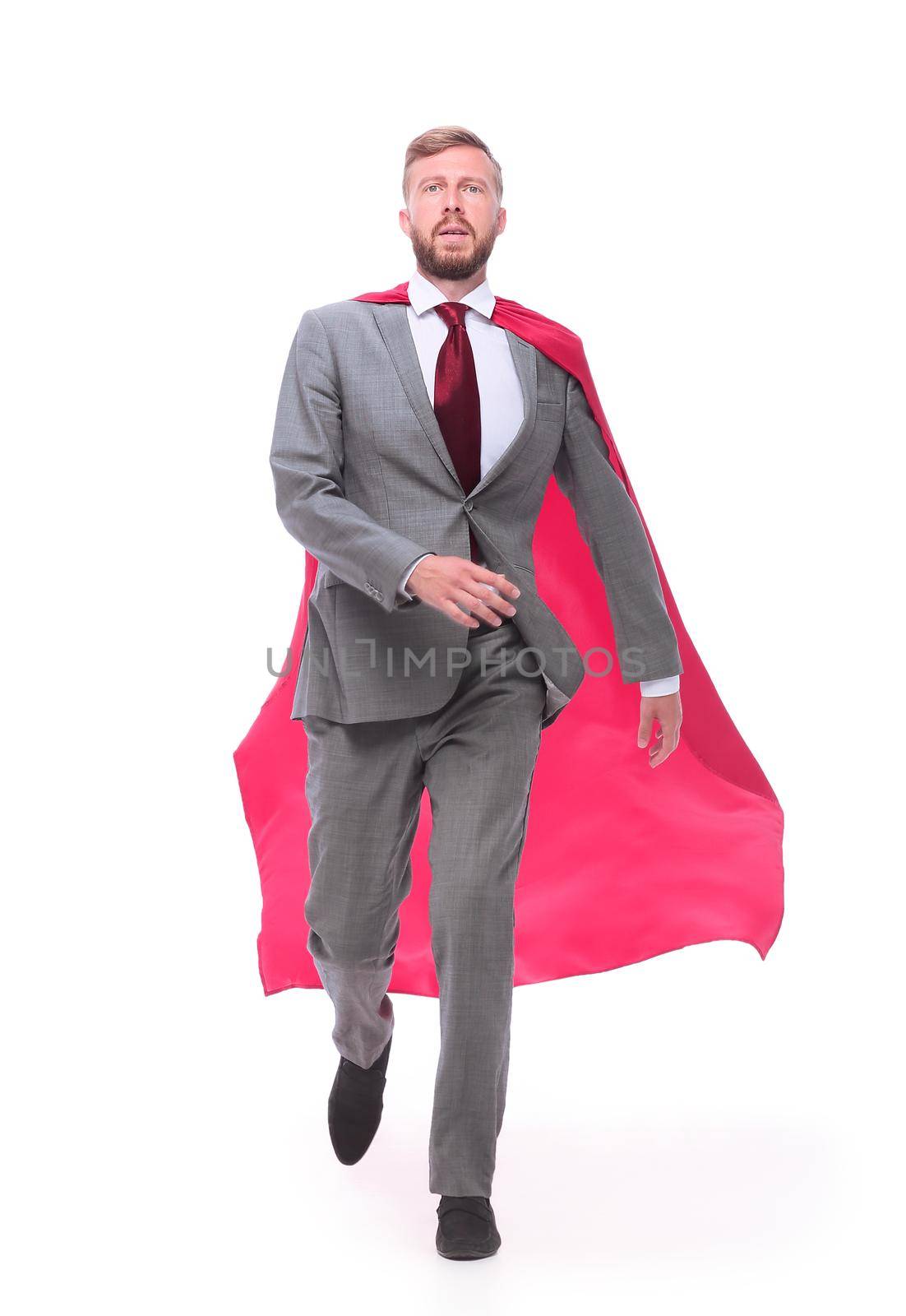businessman in a superhero raincoat striding confidently forward. by asdf