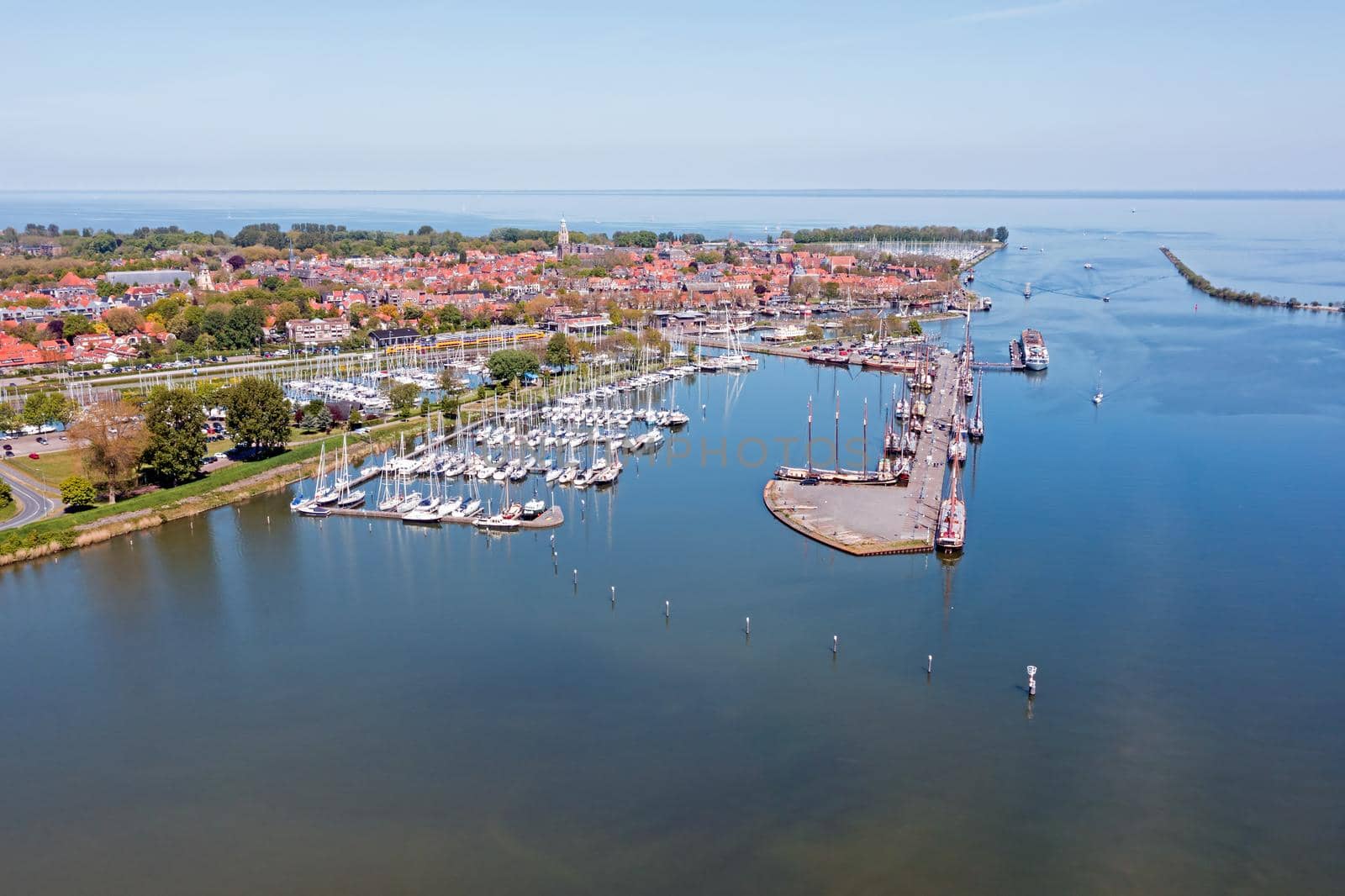 Aerial from the historical city and harbor from Enkhuizen at the IJsselmeer in the Netherlands