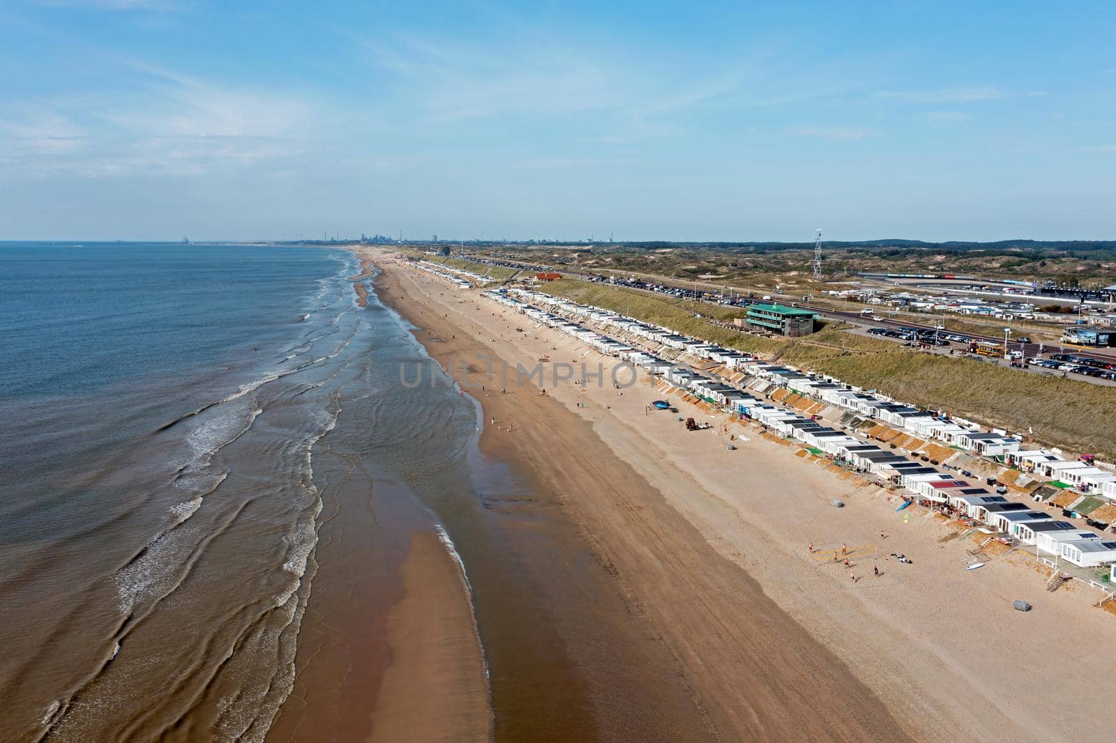 Aerial from the beach at Zandvoort at the North Sea in the Netherlands on a beautiful summer day