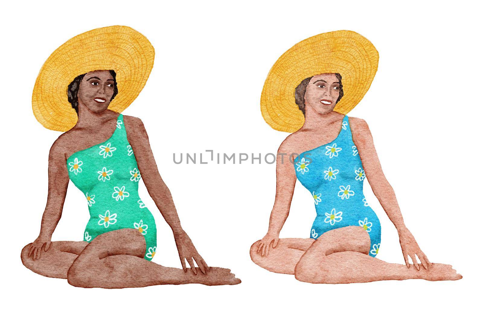 Watercolor illustration of women girls on the beach, white and African female models, summer swimwear swinsuit. Tropical holiday vacation summertime life, sea ocean getaway, leisure sunbathing concept