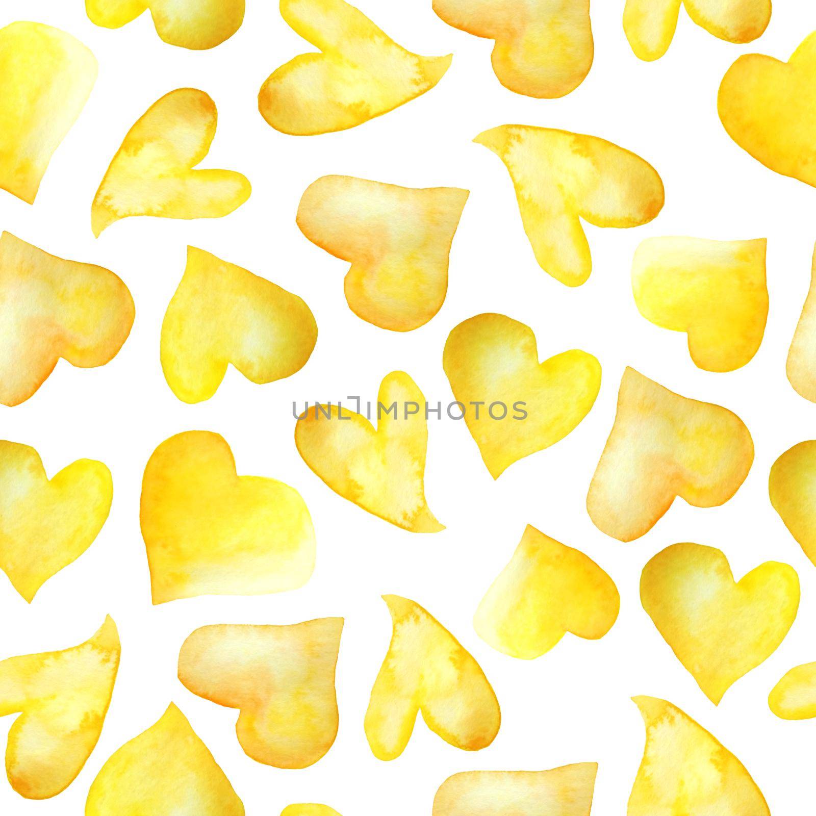 Watercolor hand drawn yellow orange hearts seamless pattern. Colourful bright design illustration for st valentines day love feelings concept. For wallpaper wedding invitation textile. Warm autumn fall summer colors. by Lagmar