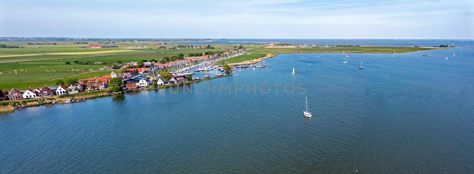 Aerial panorama from the traditional village Durgerdam near Amsterdam in the Netherlands at the IJsselmeer by devy