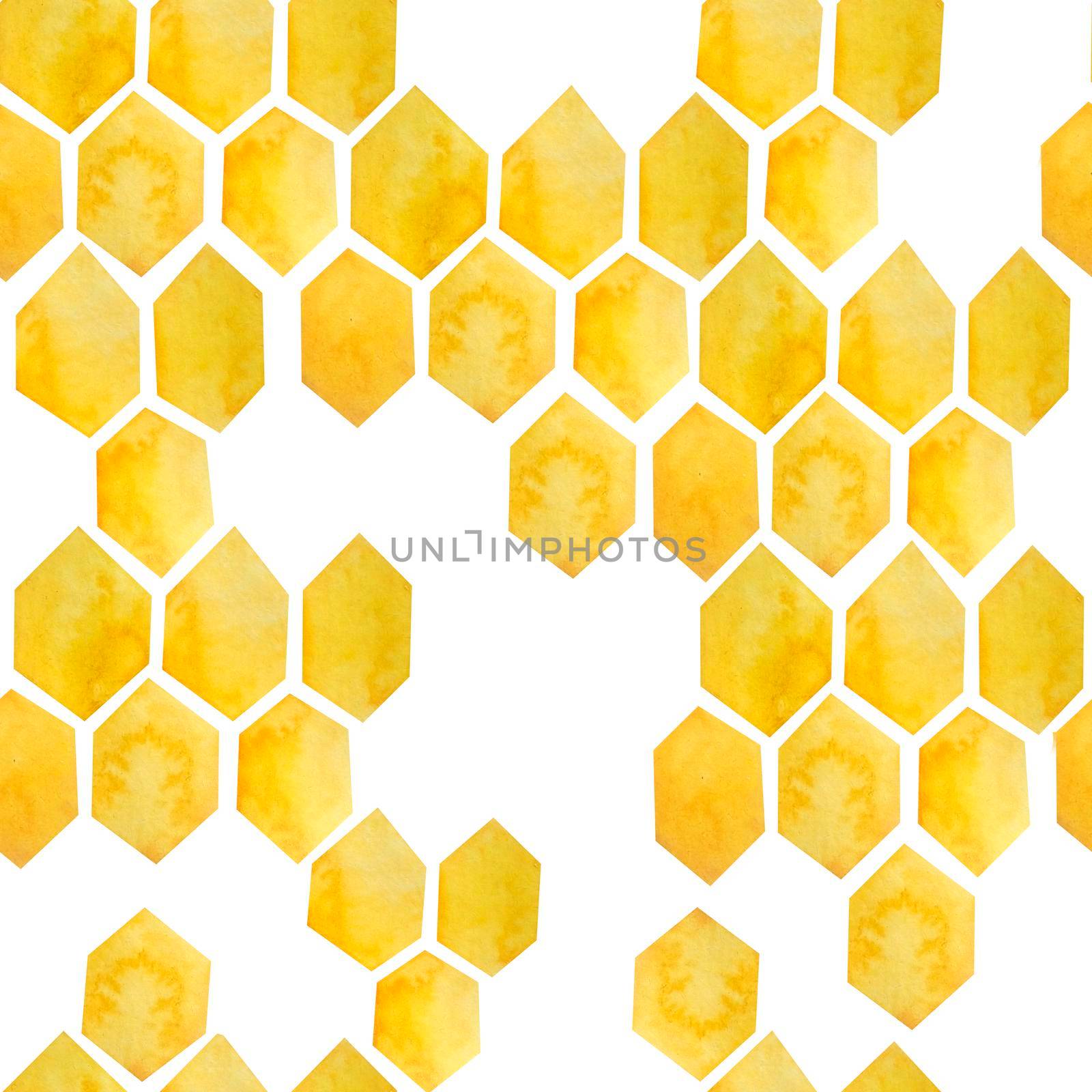Watercolor seamless hand drawn pattern with yellow honeycomb geometric abstract design. Bumble bee honey comb shapes, healthy organic farm pollen. For textile wallpaper wrapping paper, summer background. by Lagmar