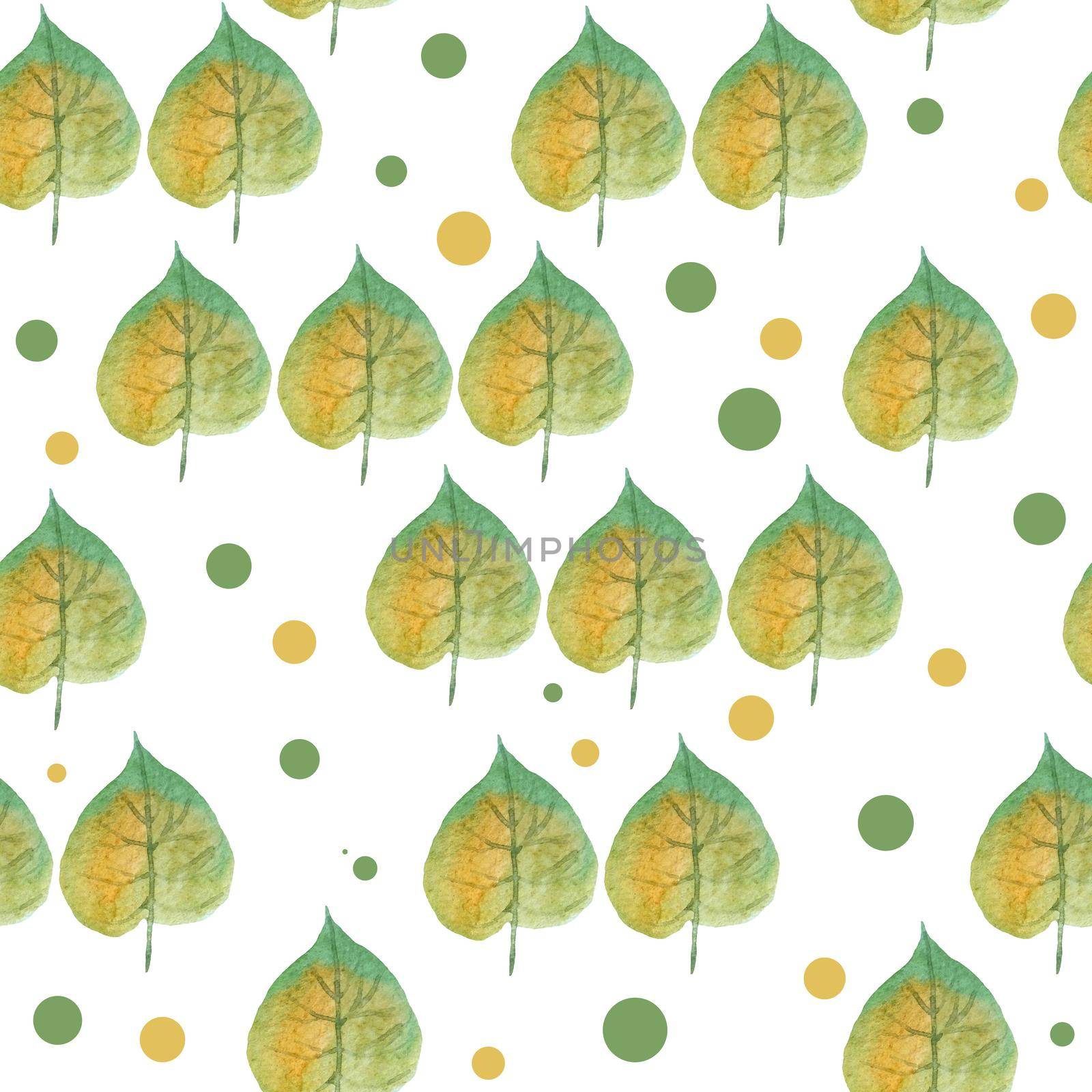 Seamless hand drawn watercolor pattern with green yellow wild leaves in wood woodland forest on polka dot. Organic natural plants, floral botanical design for textile wrapping paper. Fall autumn. by Lagmar