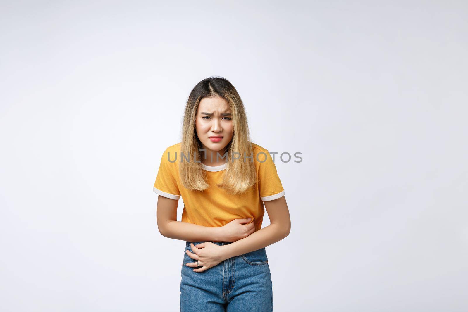 woman with stomach ache, menstrual period cramp, abdominal pain, food poisoning