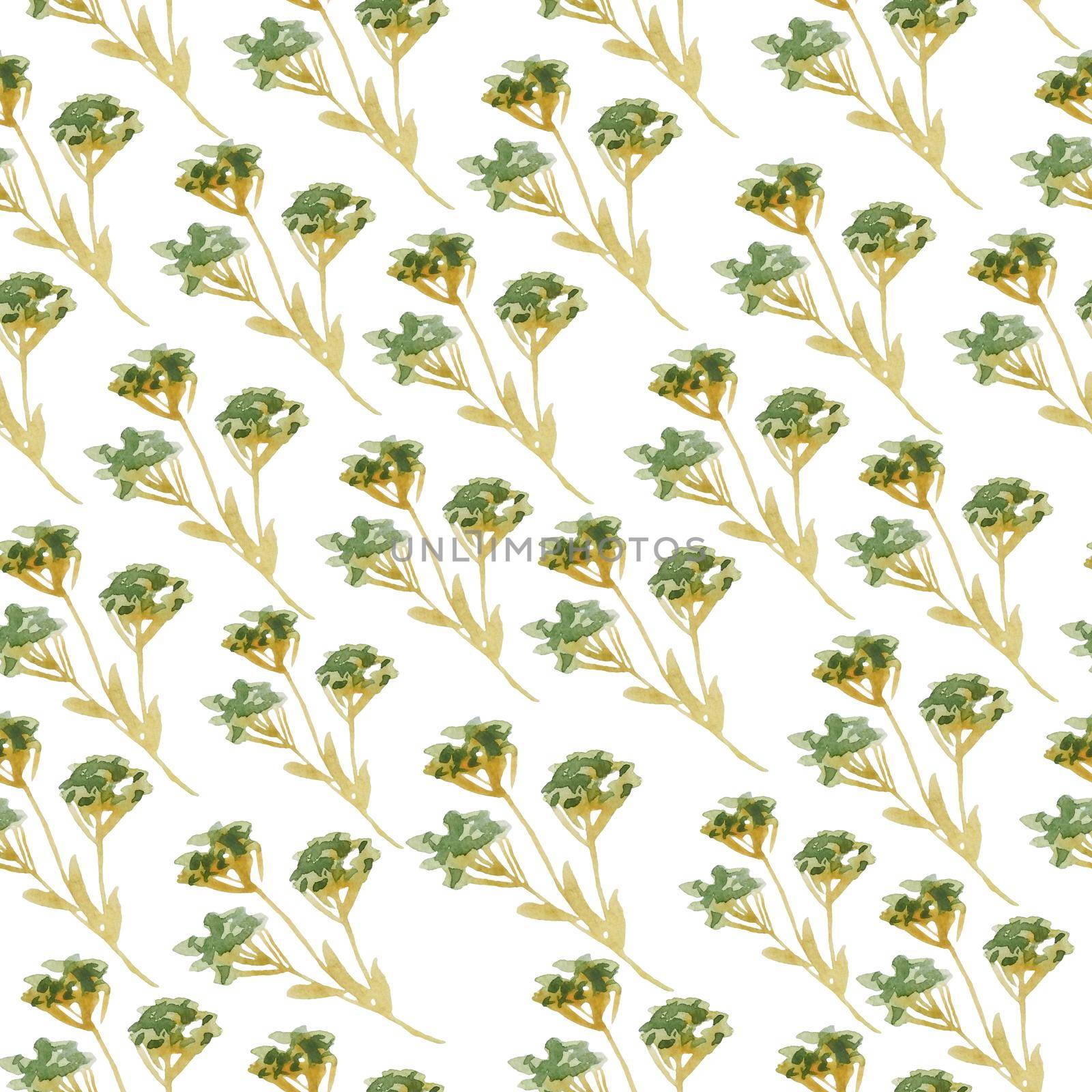 Seamless hand drawn watercolor pattern with green yellow wild herbs leaves grass in wood woodland forest. Organic natural plants, floral botanical design for wallpapers textile wrapping paper. Fall autumn. by Lagmar