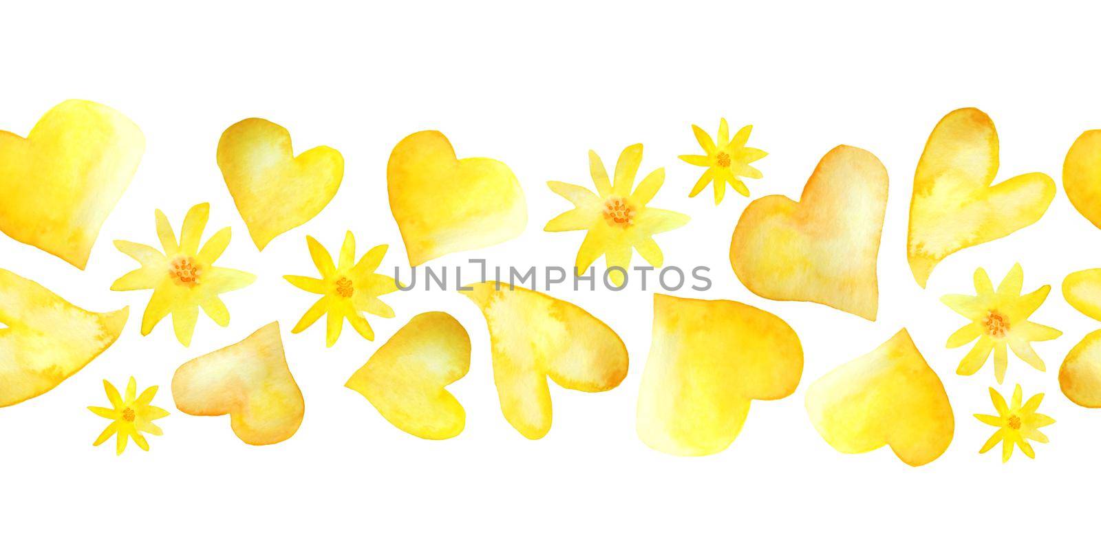 Seamless watercolor hand drawn horizontal border with hearts daisy flowers. Illustration in warm sunny yellow orange colors. For st valentine romantic love, blossom summer wedding boho decoration