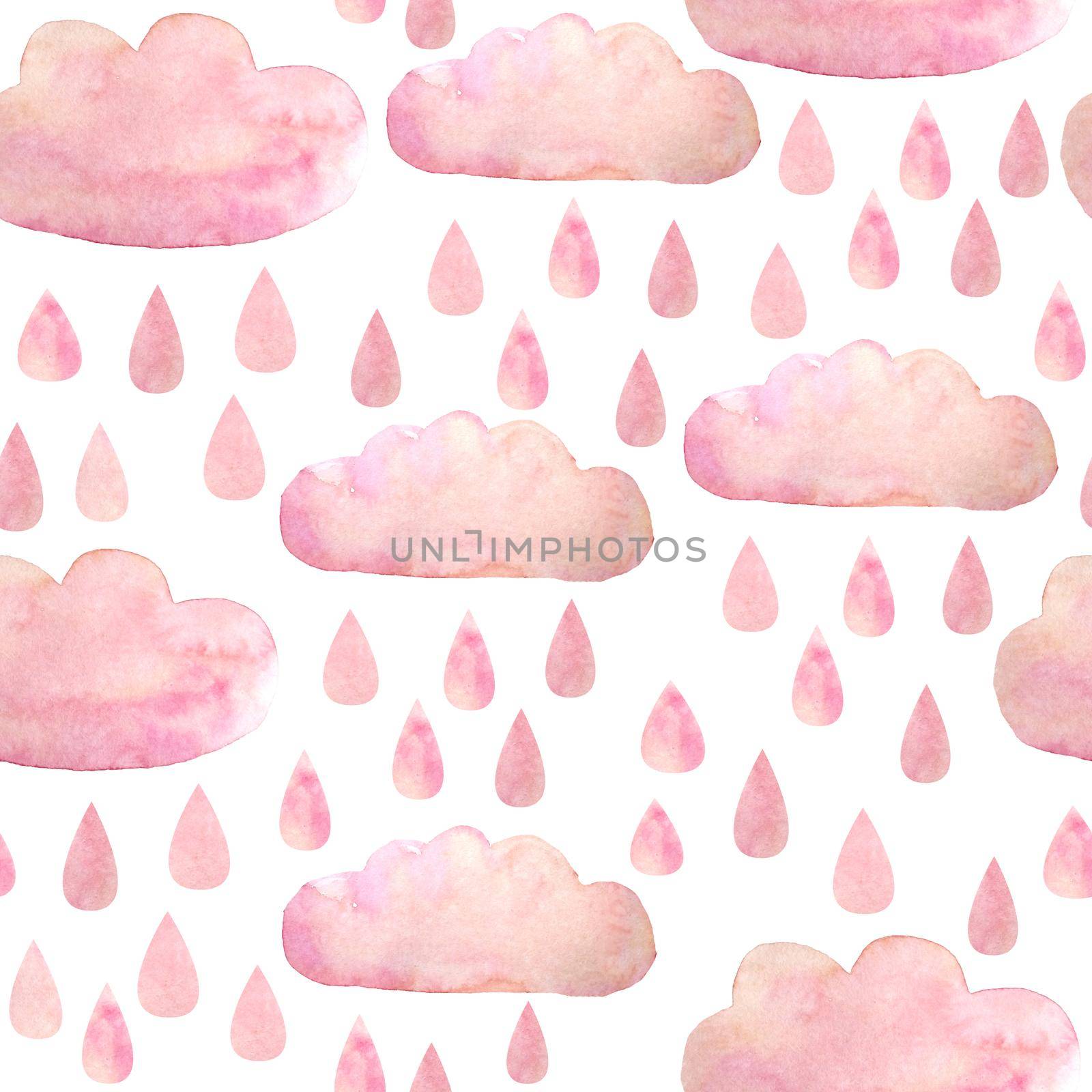 Seamless watercolor hand drawn pattern with blush pink clouds rain drops. Soft pastel colors for textile design wallpaper baby shower illustration invitation cards posters. Children kids sleeping clothes doodle. by Lagmar