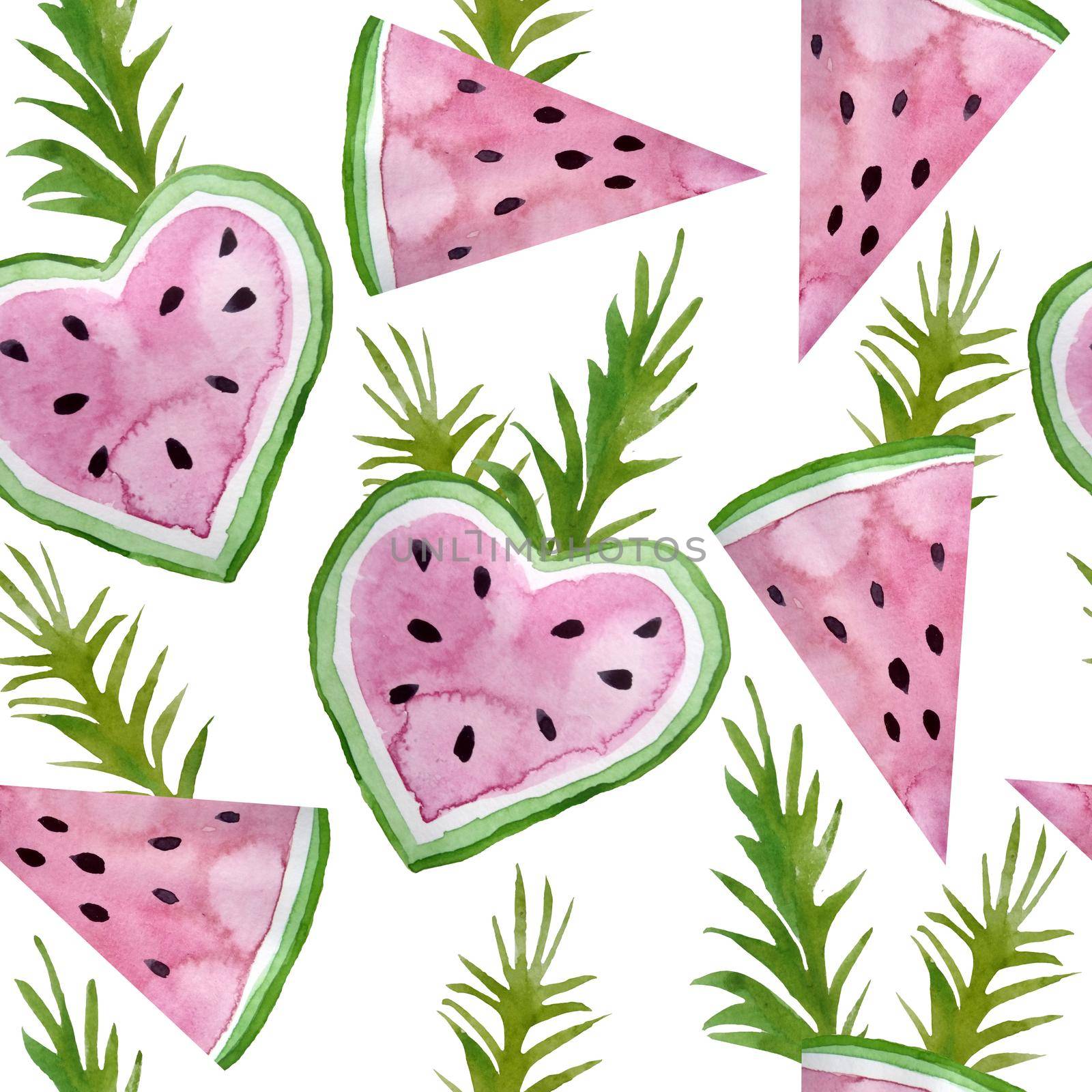 Seamless watercolor hand drawn pattern with sweet juicy watermelon slices and green palm leaves. Summer holiday tropical exotic jungle vacation. graphic floral illustration design for wallpaper textile package. by Lagmar