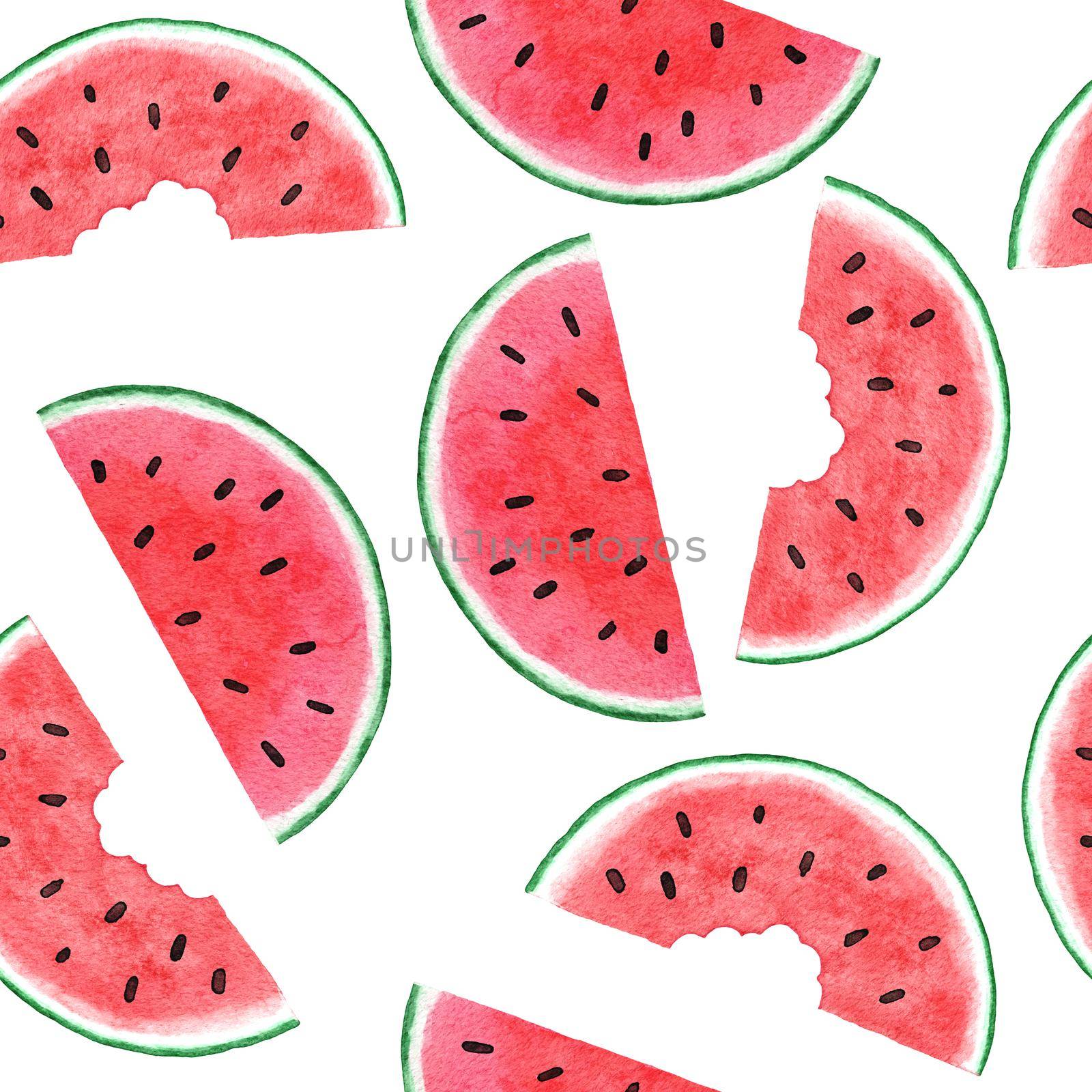 Watercolor hand drawn seamless pattern with watermelon fruit, red green tropical food, bright summer holiday background. Juicy frech natural plant design with geometric elements