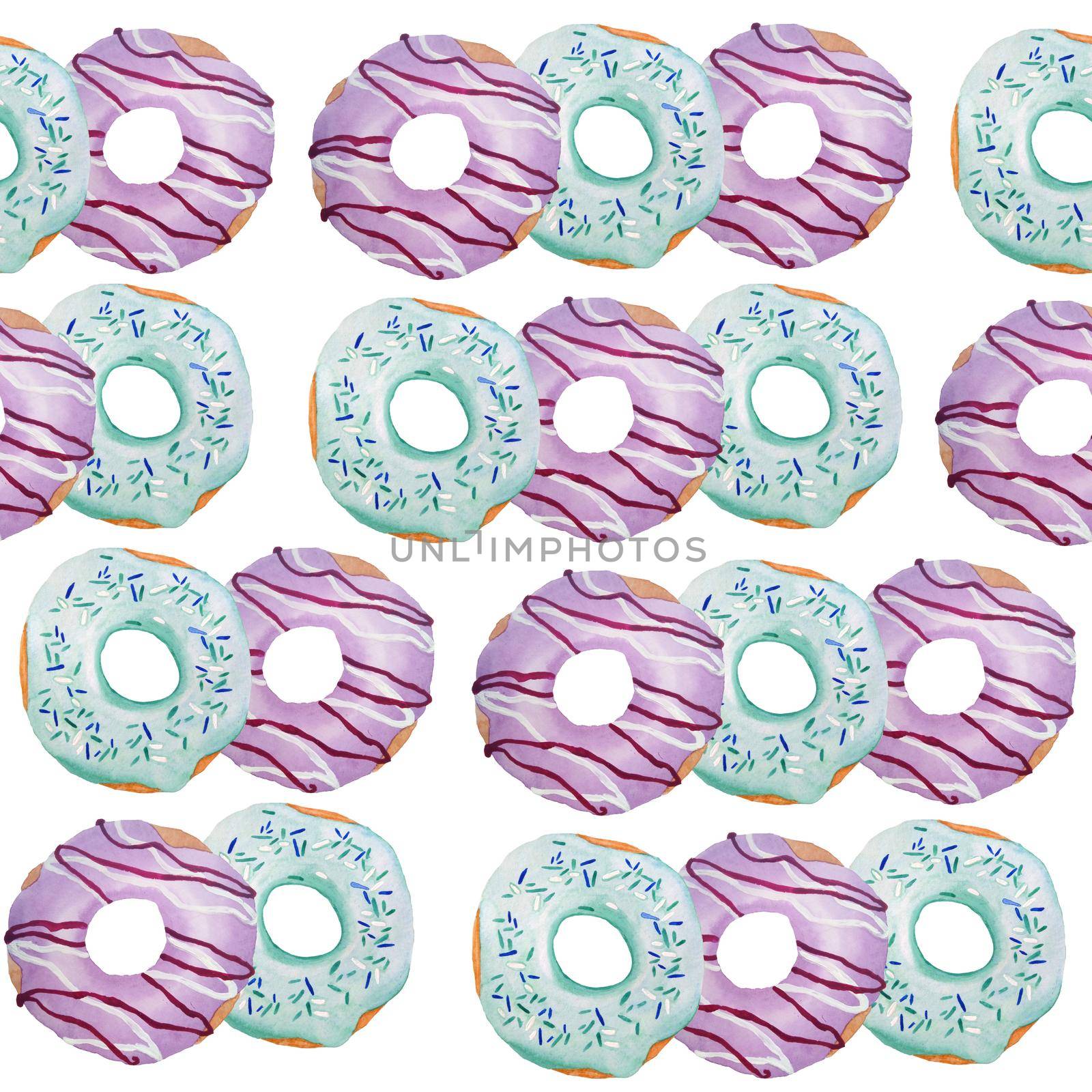 watercolor seamless hand drawn pattern of sweet delicious tasty baked pastry donuts of pink violet lavender lilac mint tiffany green colors. For cafe restaurant menu with heart love st valentine day. by Lagmar