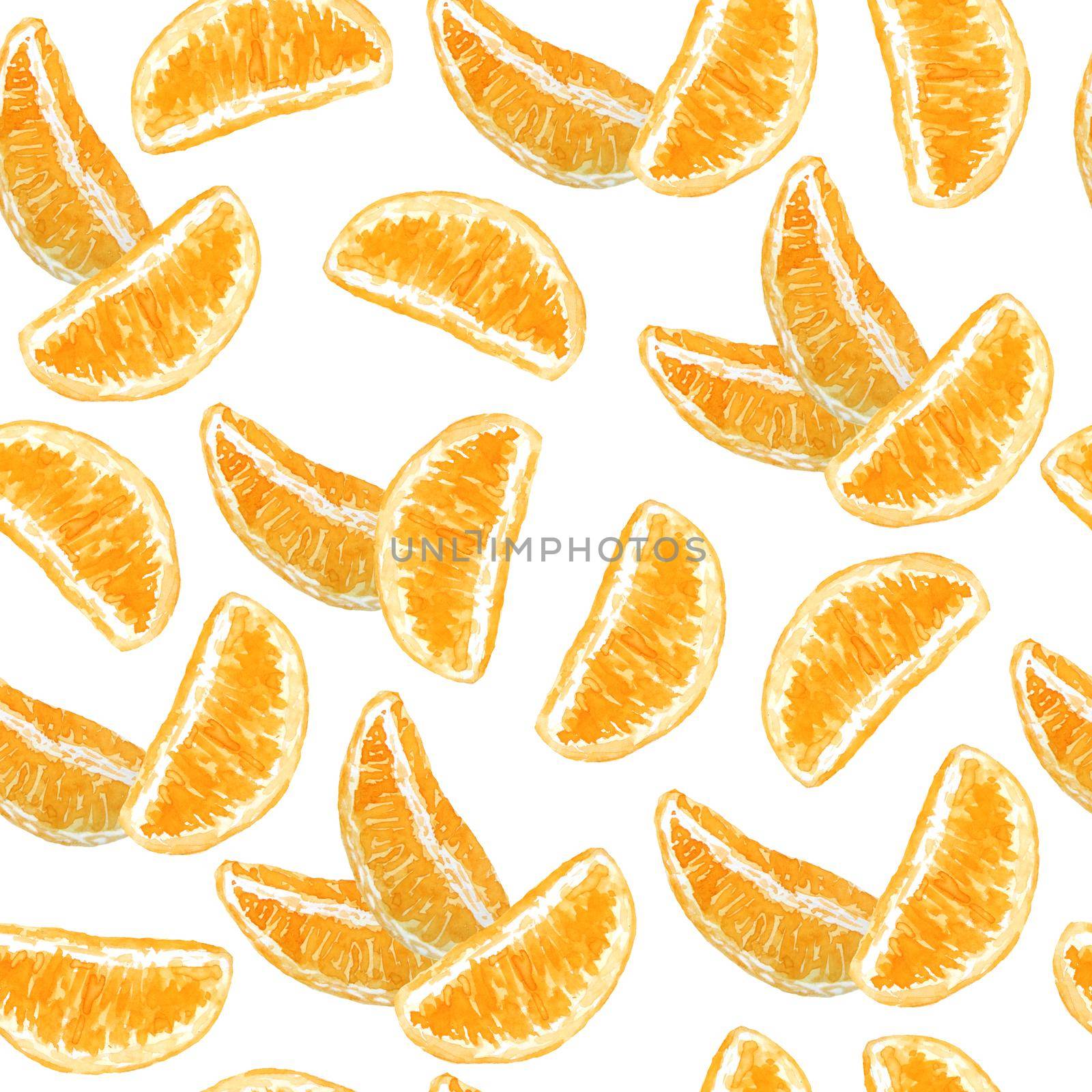 Watercolor hand drawn seamless pattern illustration of bright orange tangerine mandarine citrus fruits pieces minimalist lines. For food organic vegetarian labels, packaging. Natural trendy design. by Lagmar