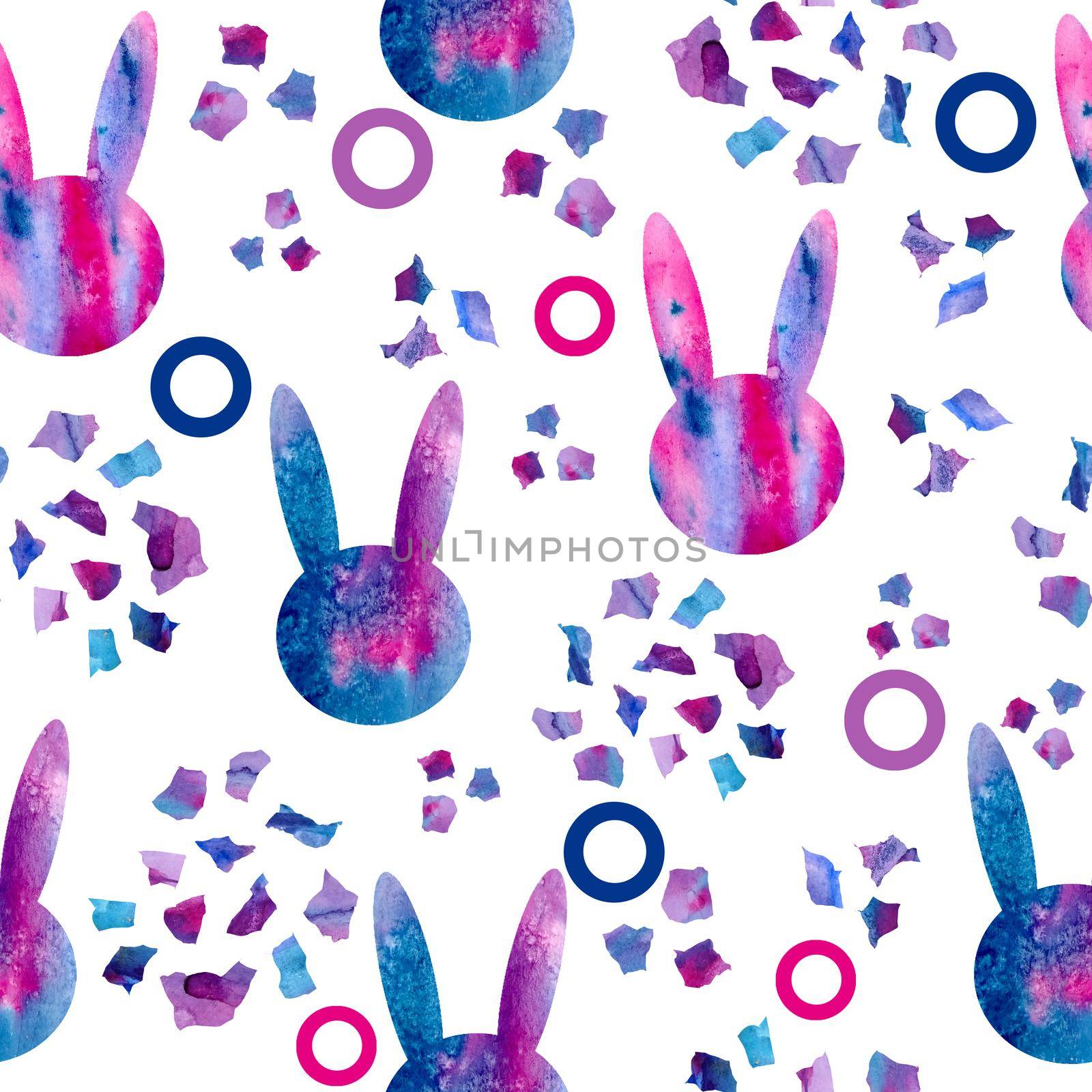 watercolor hand drawn seamless pattern illustration easter rabbits bunnies silhouette contour of abstract space galaxy lilac violet purple confetti blue background. For easter spring holiday decoration