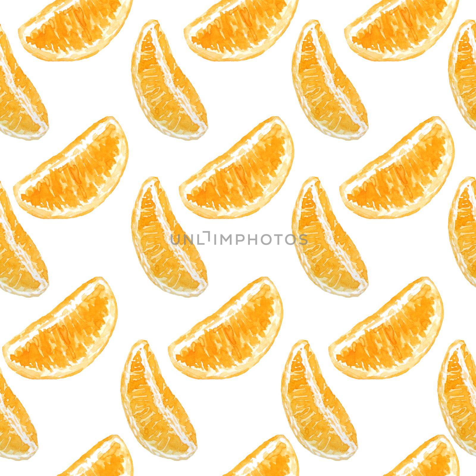 Watercolor hand drawn seamless pattern illustration of bright orange tangerine mandarine citrus fruits pieces minimalist geometric. For food organic vegetarian labels, packaging. Natural trendy design. by Lagmar