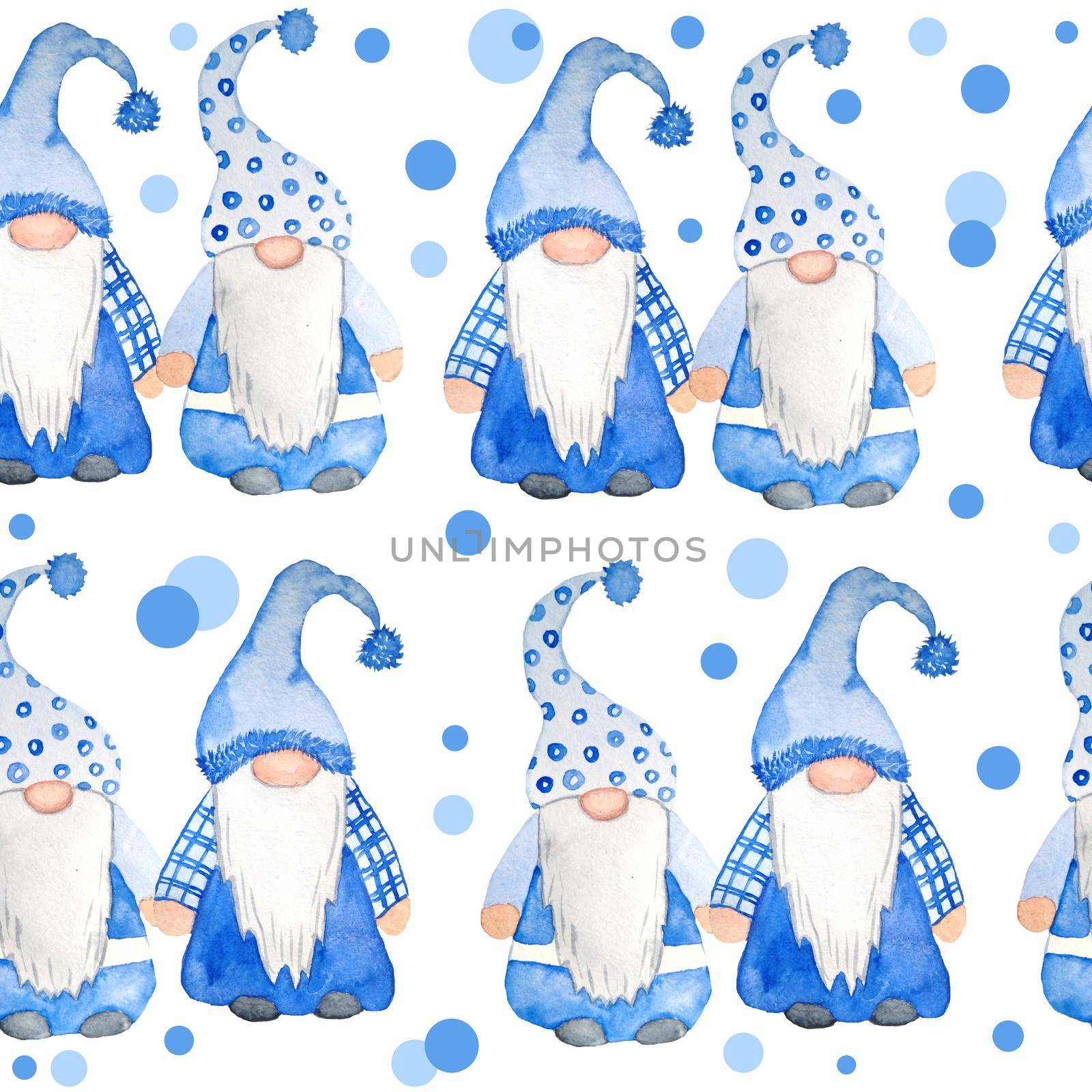 Watercolor hand drawn seamless pattern nordic scandinavian gnomes for christmas decor tree. New year illustration in blue grey polka dot background. Funny winter character north swedish elf in hat beard. Greeting card. by Lagmar