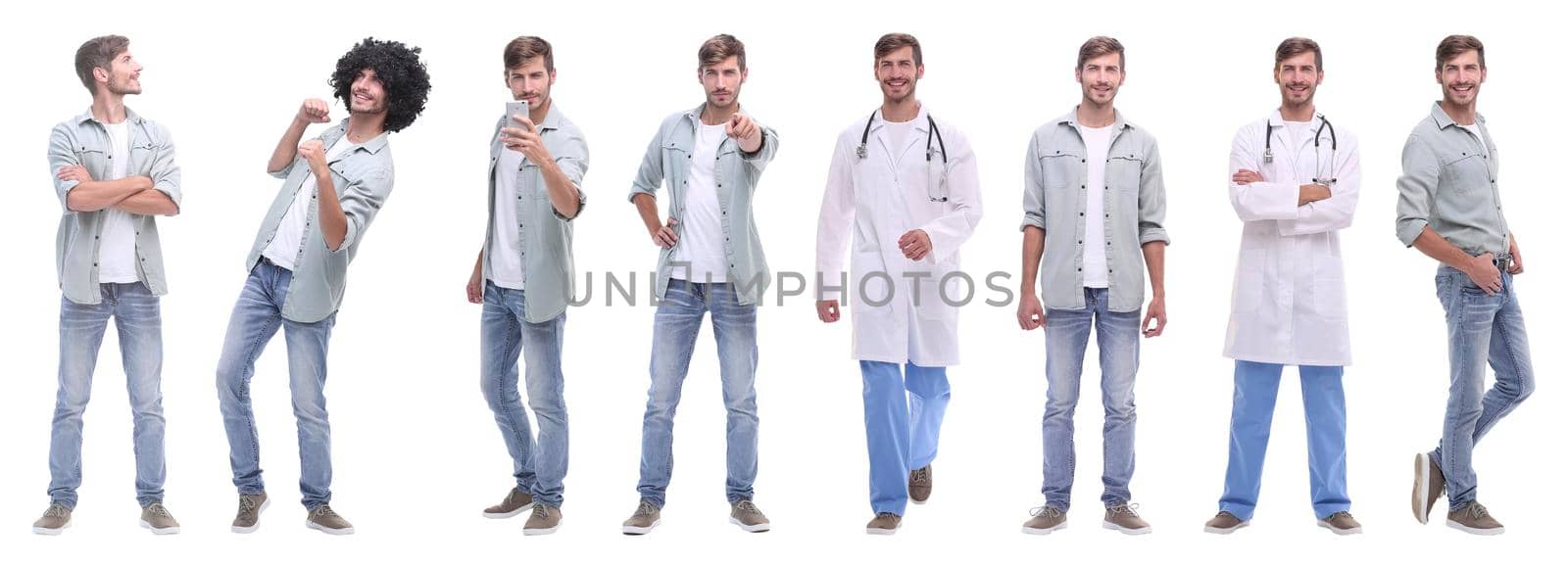 collage doctor and young man isolated on white background