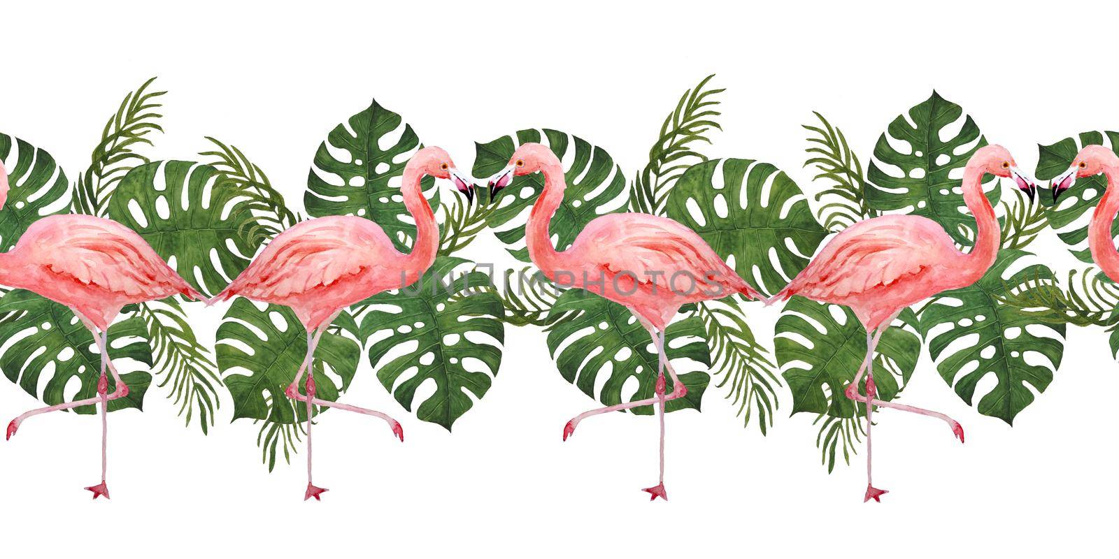Watercolor hand drawn seamless horizontal border with pink flamingo bird and tropical green monstera palm jungle leaves on background. Summer vacation holiday concept. Print for card invitation t-shirt decor