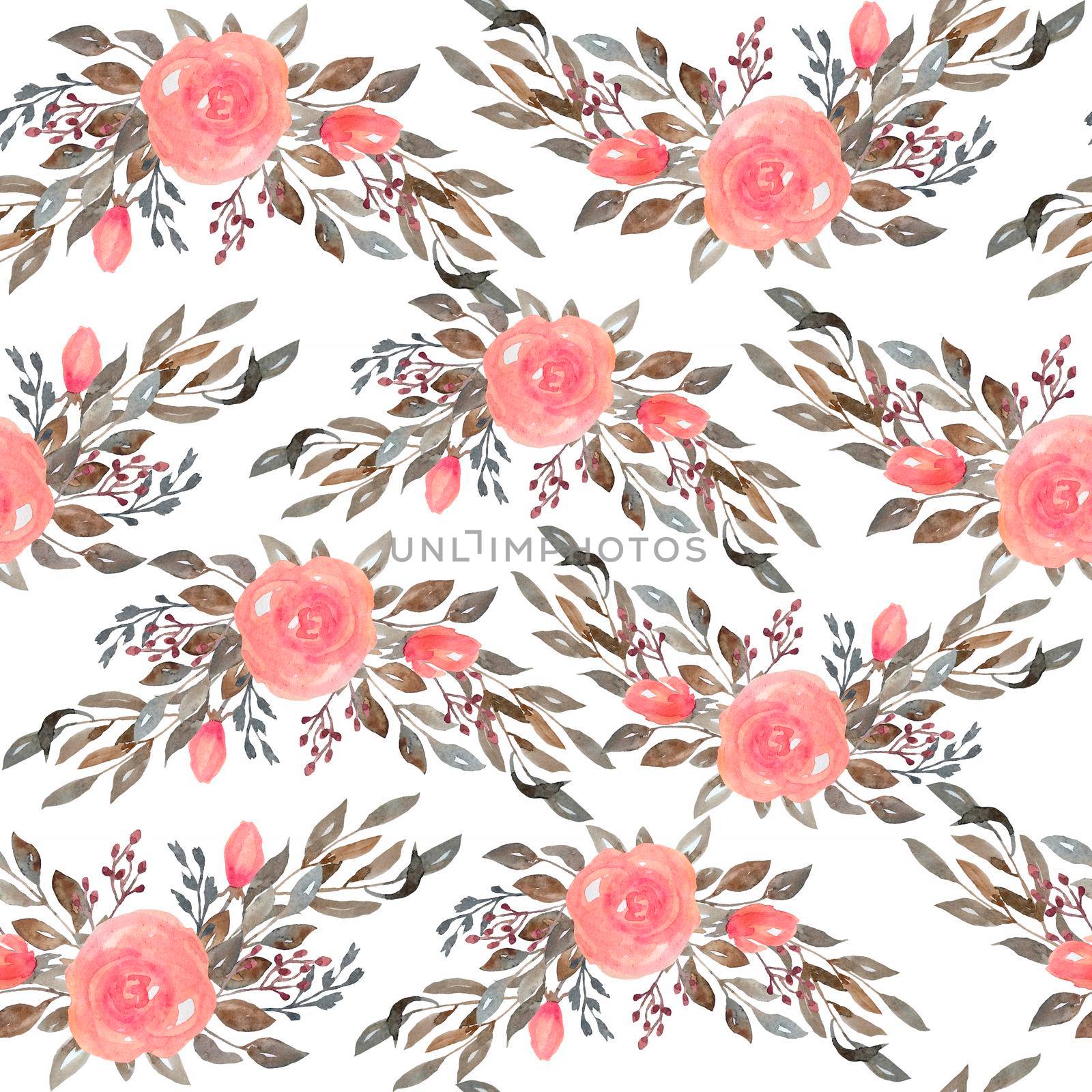 Watercolor seamless pattern of pink blush roses flowers and grey brown neutral faded leaves. Bouquets, petals blossom. Elegant garden blooms for textile wedding invitation cards wallpaper.