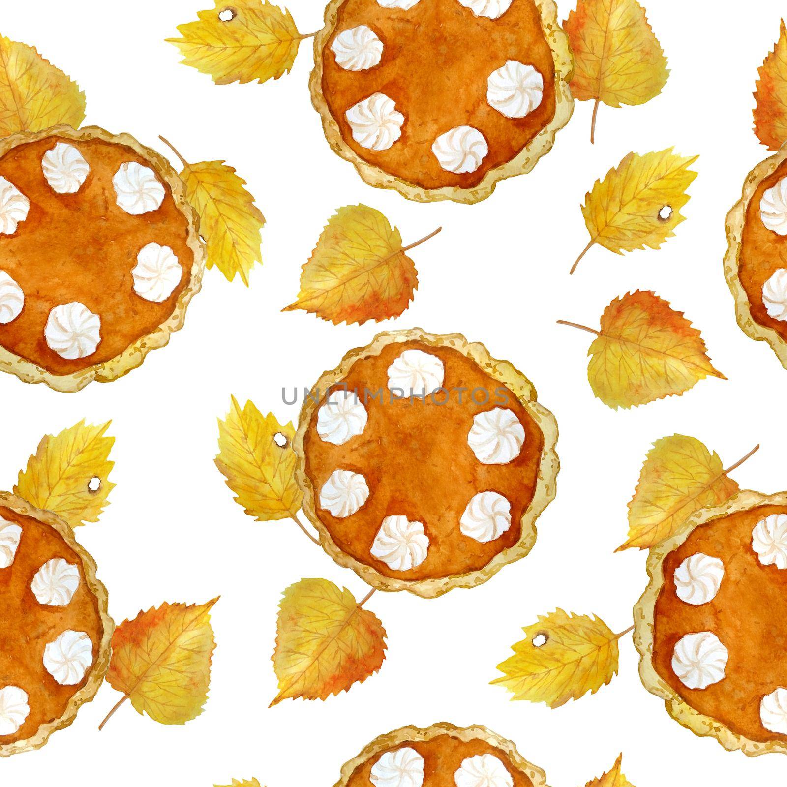 Watercolor hand drawn seamless pattern of pumpkin squash pie with cream topping autumn fall leaves. Traditional dish dessert food for thanksgiving halloween christmas. Baking bakery recipe for dinner cafe party. by Lagmar