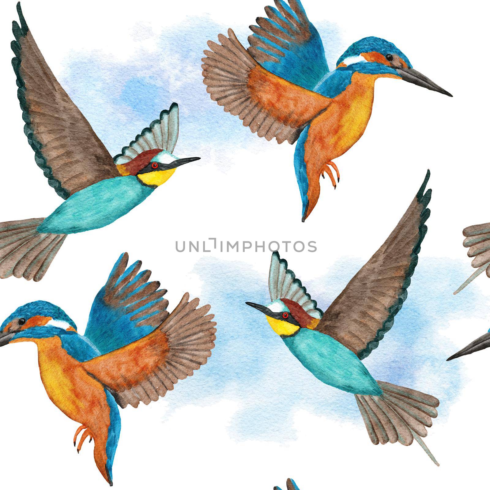 Watercolor seamless hand drawn pattern with wild kingfisher bee-eater birds in forest woodland. Wildlife natural vintage background with floral leaves greenery branches, nature bird flying design. by Lagmar