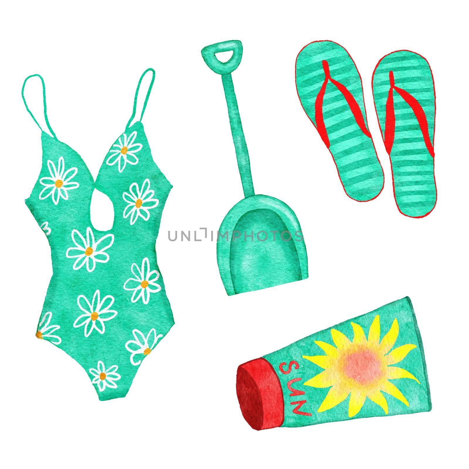 Watecolor hand drawn illsutration in turquoise red yellow colors of swimsuit swimwear bikini, beach shovel striped flip-flops sandals, suntan spf cream. Beach ocean sea holiday vacation elements, colorful bright design clipart. by Lagmar