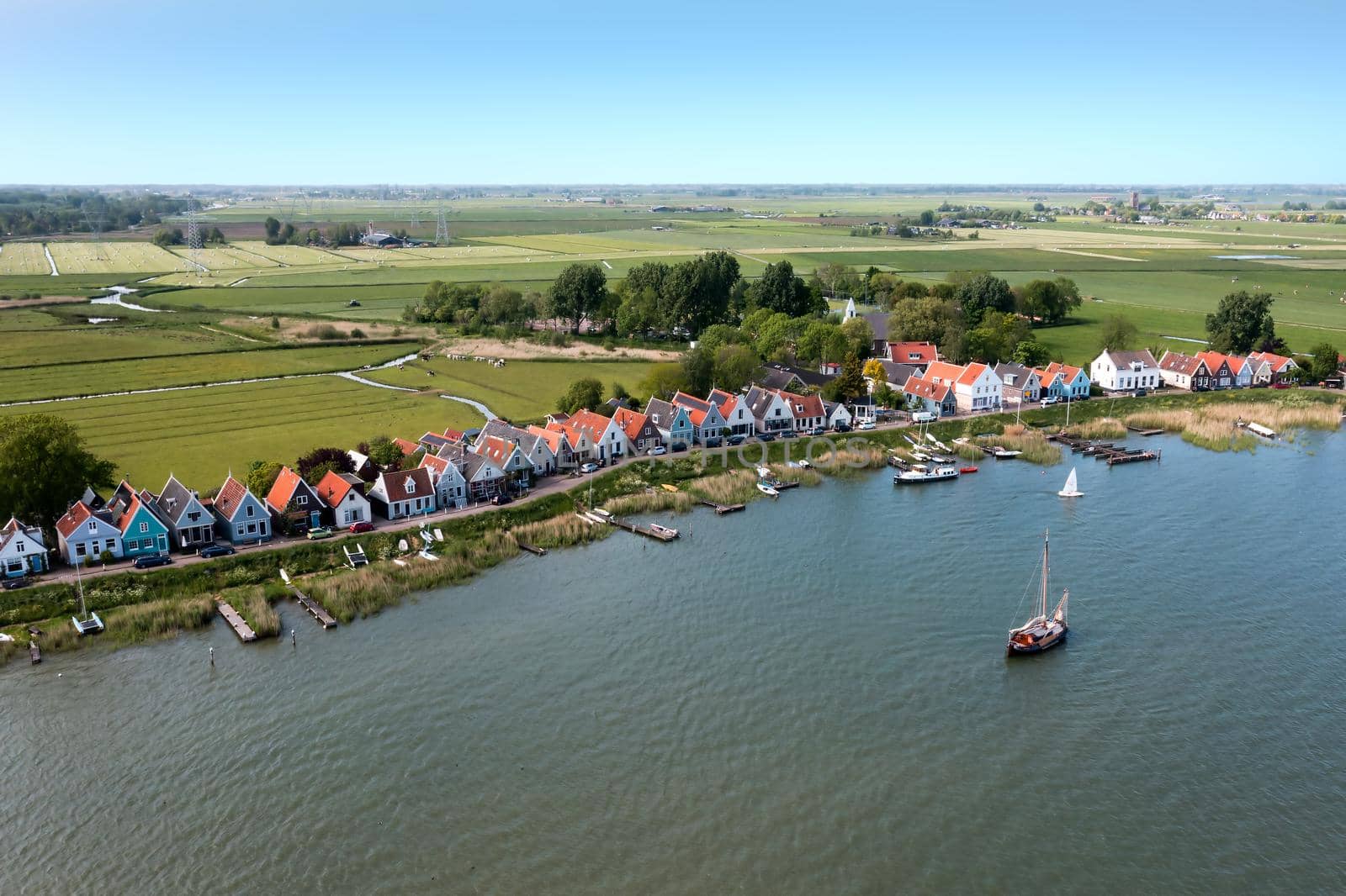 Aerial from the traditional village Durgerdam near Amsterdam in the Netherlands at the IJsselmeer by devy