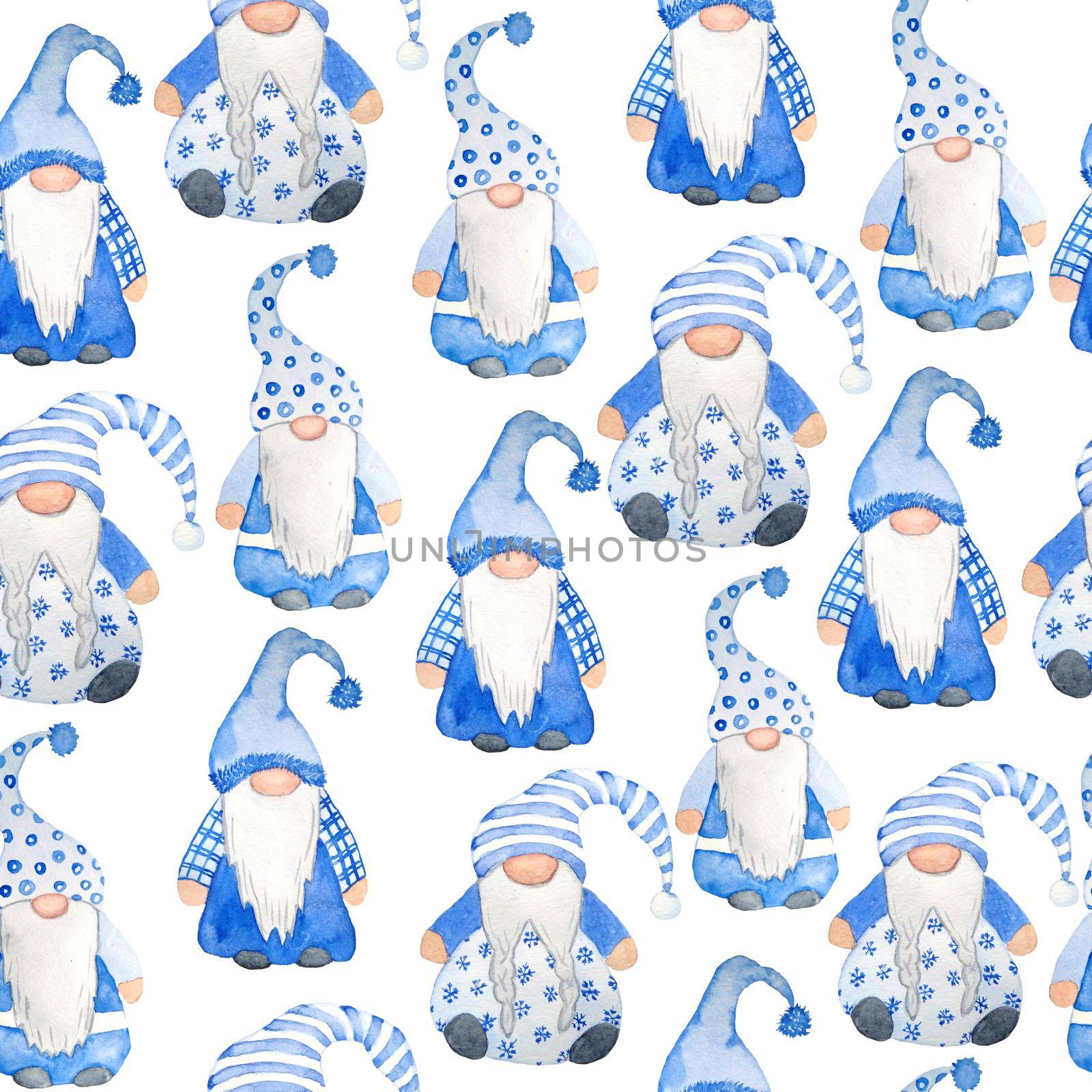 Watercolor hand drawn seamless pattern nordic scandinavian gnomes for christmas decor tree. New year illustration in blue grey cartoon style. Funny winter character north swedish elf in hat beard. Greeting card