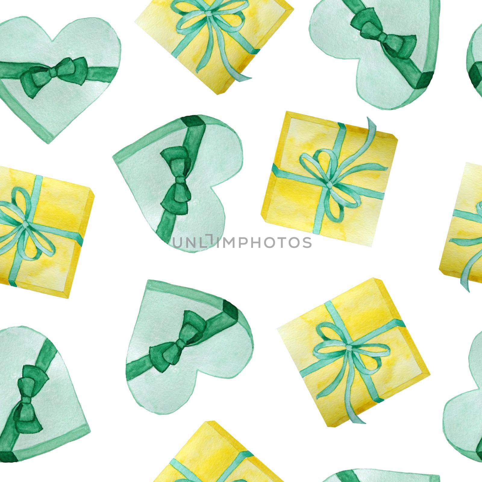 Watercolor hand drawn seamless pattern with green and yellow gift boxes with ribbon bows. Birthday party celebration decor. Irish St Patricks day presents in emerald color on white background