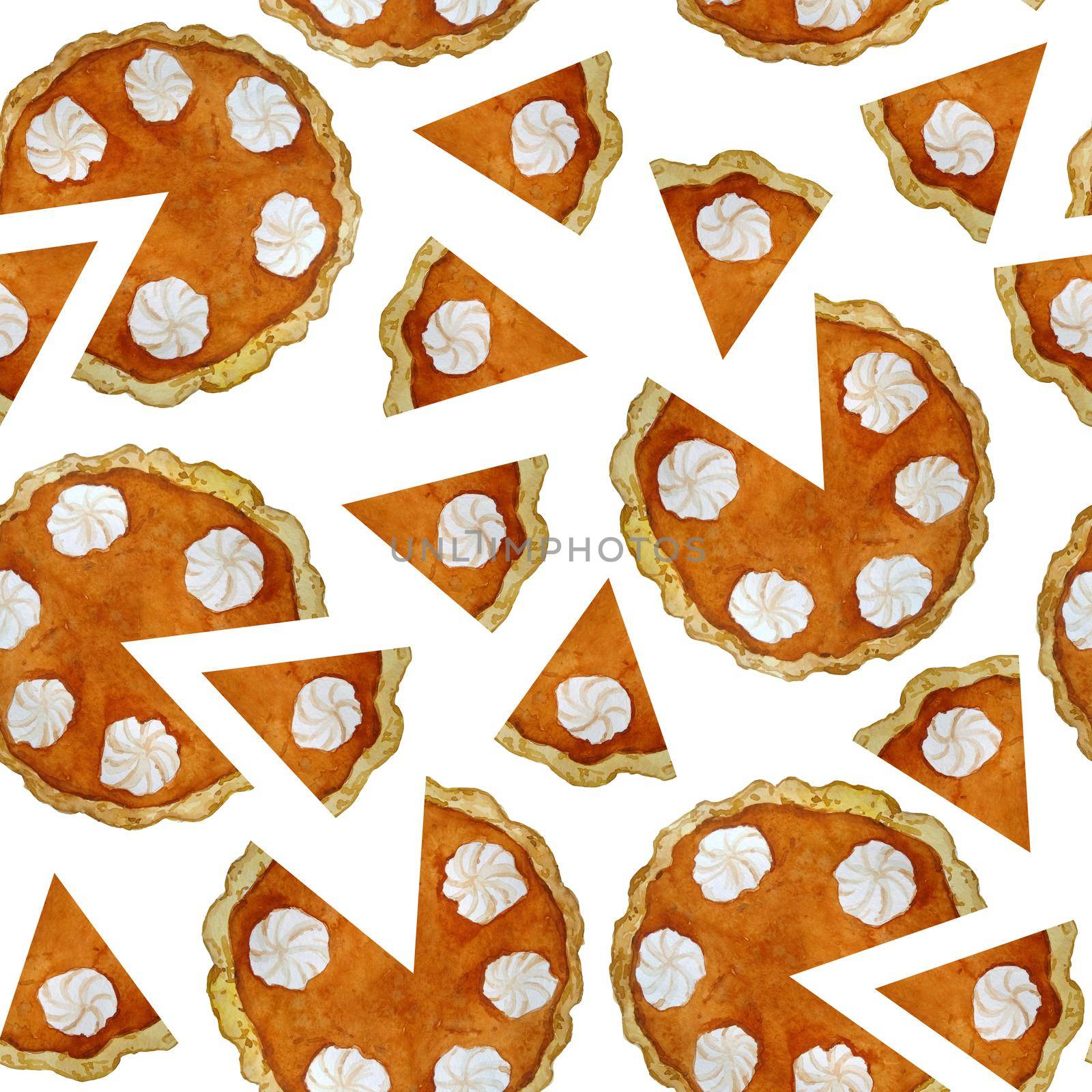 Watercolor hand drawn seamless pattern of pumpkin squash pie pieces with cream topping autumn fall. Traditional dish dessert food for thanksgiving halloween christmas. Baking bakery recipe for dinner cafe party