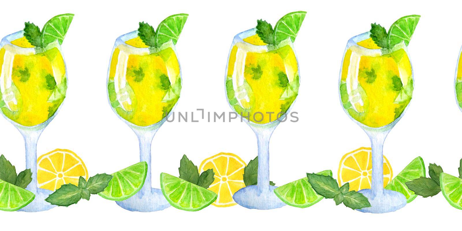 seamless watercolor hand drawn horizontal border with green yellow cocktail mojito mint lime citrus slices vibrant intense tropical summer colors. Alcoholic beverages for restaurant cafe food drink glass