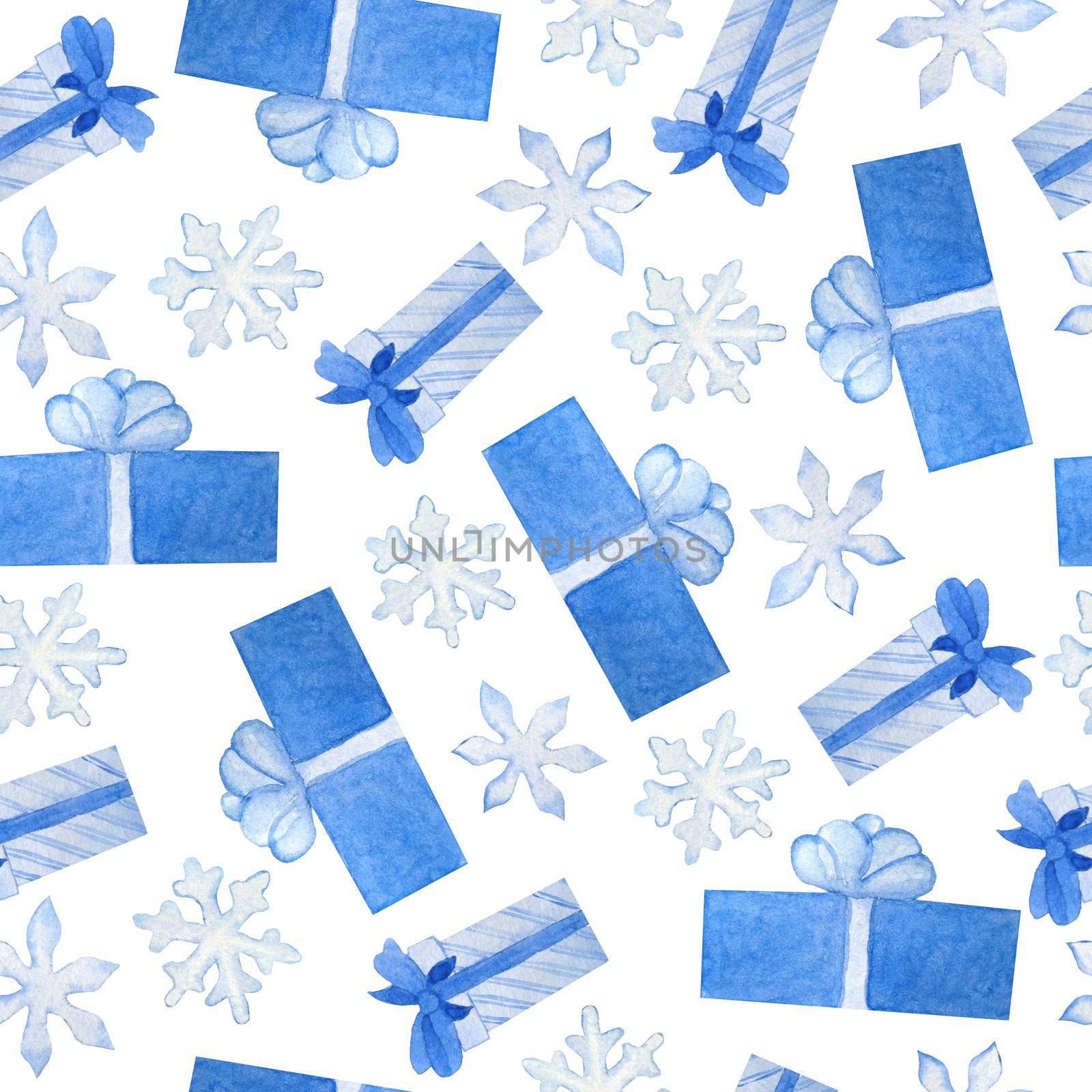 Watercolor seamless hand drawn pattern with blue grey christmas gifts in decor wrapping paper with bows snow snowflakes. Nordic scandinavian neutral colors for new year celebration cards background. by Lagmar
