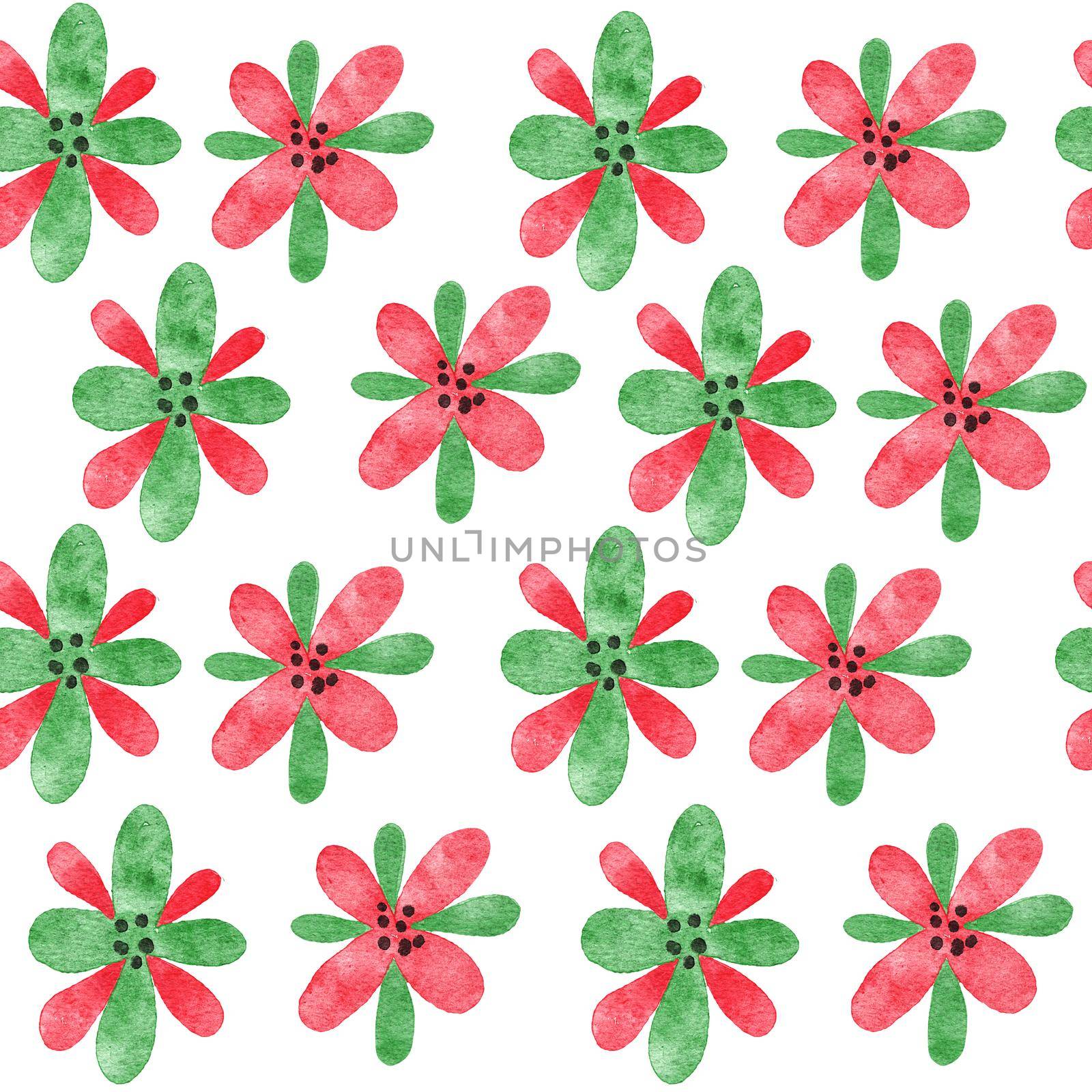 Watercolor seamless hand drawn pattern with red green abstract shapes elements flowers, bright summer background. Minimalist modern fabric print design for textile wallpaper wrapping paper, simple organic forms. by Lagmar