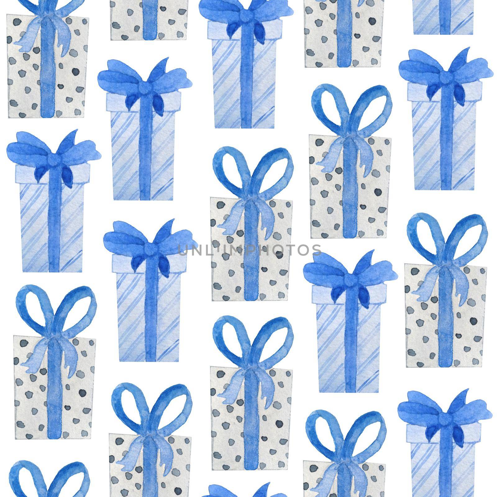 Watercolor seamless hand drawn pattern with blue grey christmas gifts in decor wrapping paper with bows. Nordic scandinavian neutral colors for new year celebration cards background. Box with shiny ribbon. by Lagmar