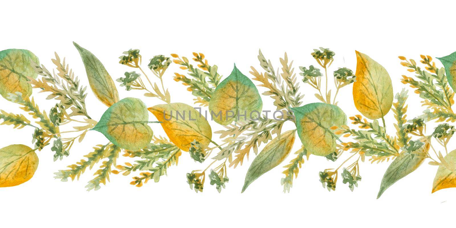 Seamless hand drawn watercolor horizontal border with green yellow wild herbs leaves in wood woodland forest. Organic natural plants, floral botanical design for wallpapers textile wrapping paper. Fall autumn