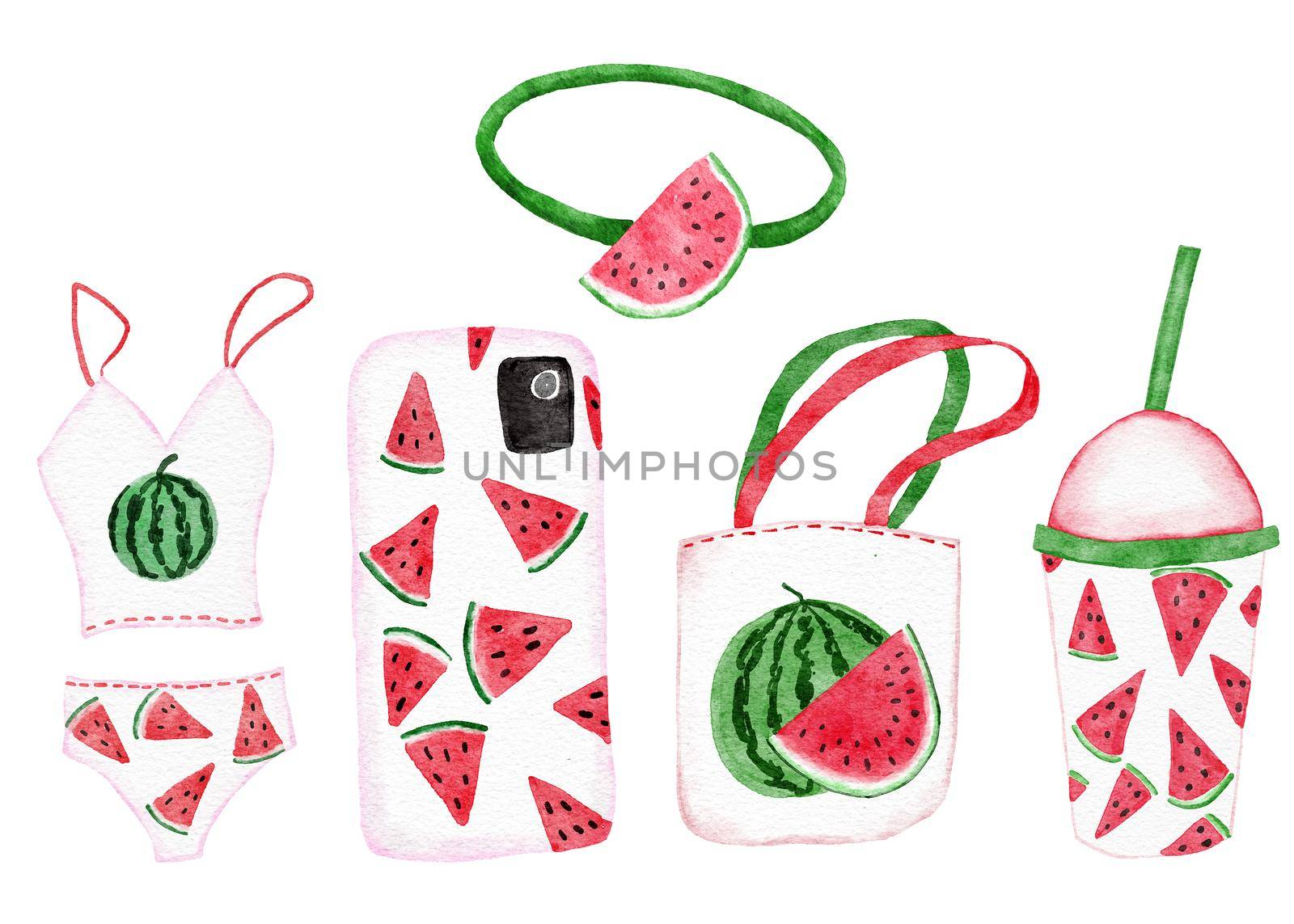 Watercolor hand drawn objects with watermelon summer print, red green swimsuit swimwear, funner phone case, tote bag, tumbler. Girly fashion for holiday vacation design. Bright cute kawaii print