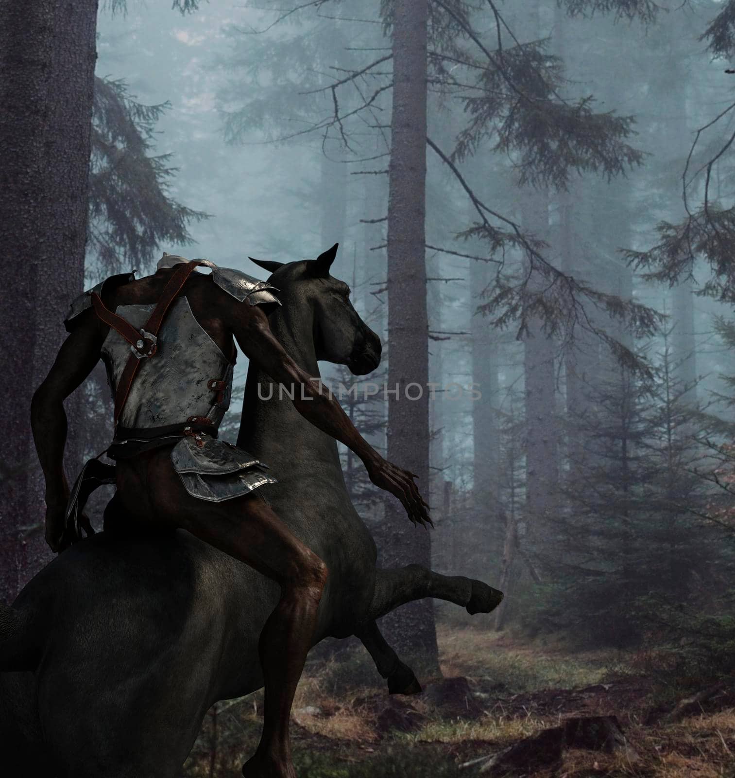 Headless horseman riding a black horse in the forest - 3d rendering