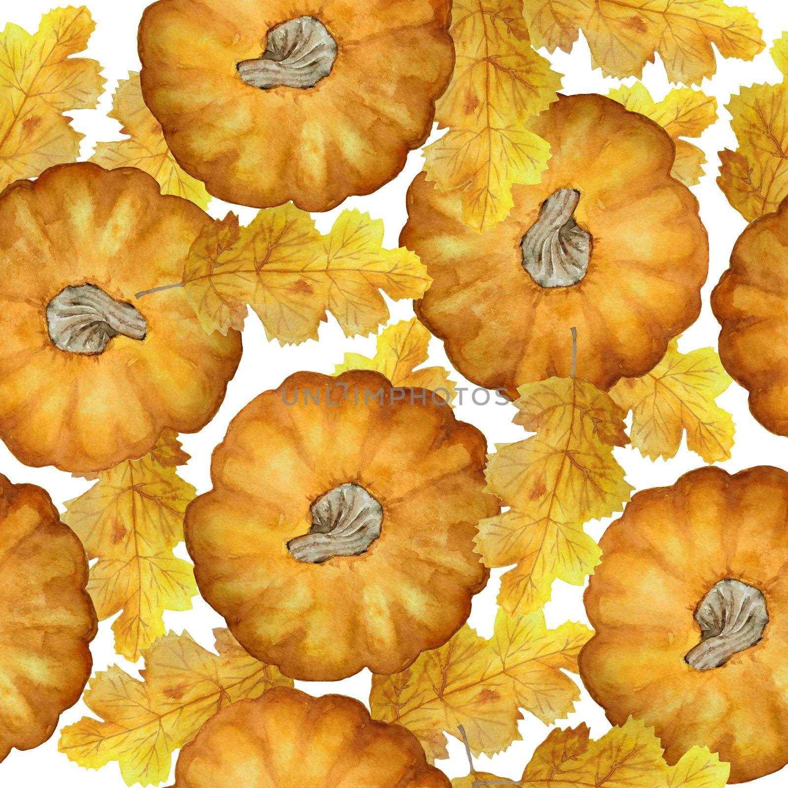 Watercolor hand drawn seamless pattern orange pumpkin, october fall autumn leaves leaf. Forest wood farm harvest concept. Thanksgiving halloween clebration warm decoration design textile posters. by Lagmar