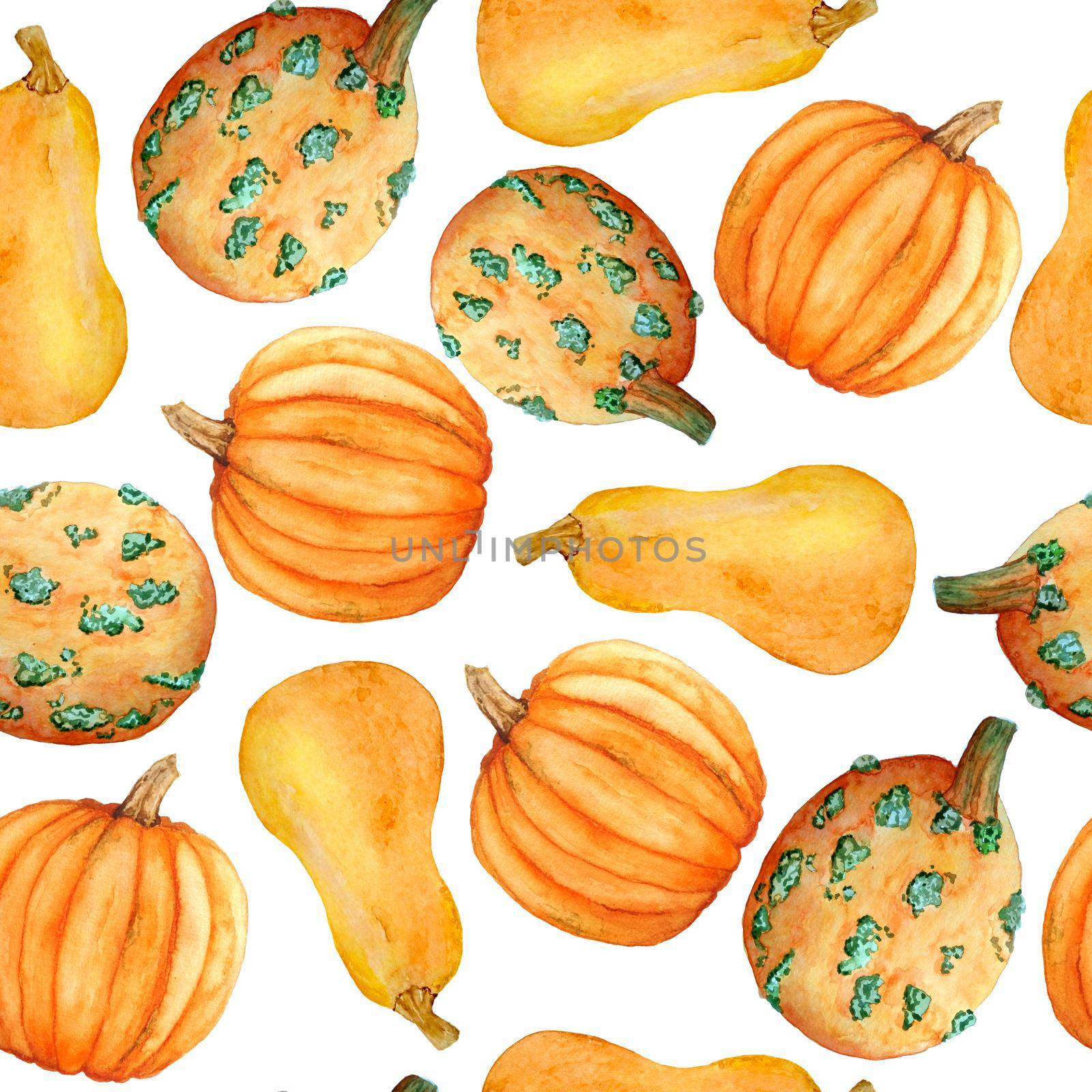 Watercolor hand drawn seamless pattern with orange pumpkins, organic farmers healthy food ingridient. Halloween thanksgiving celebration design illustration. Decoration autumn fall harvest label textile